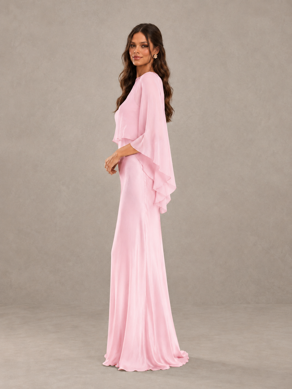 BOLODOO Pink Satin Mermaid Bridesmaid Dress with Chiffon Cape - Pink - Pink (3)