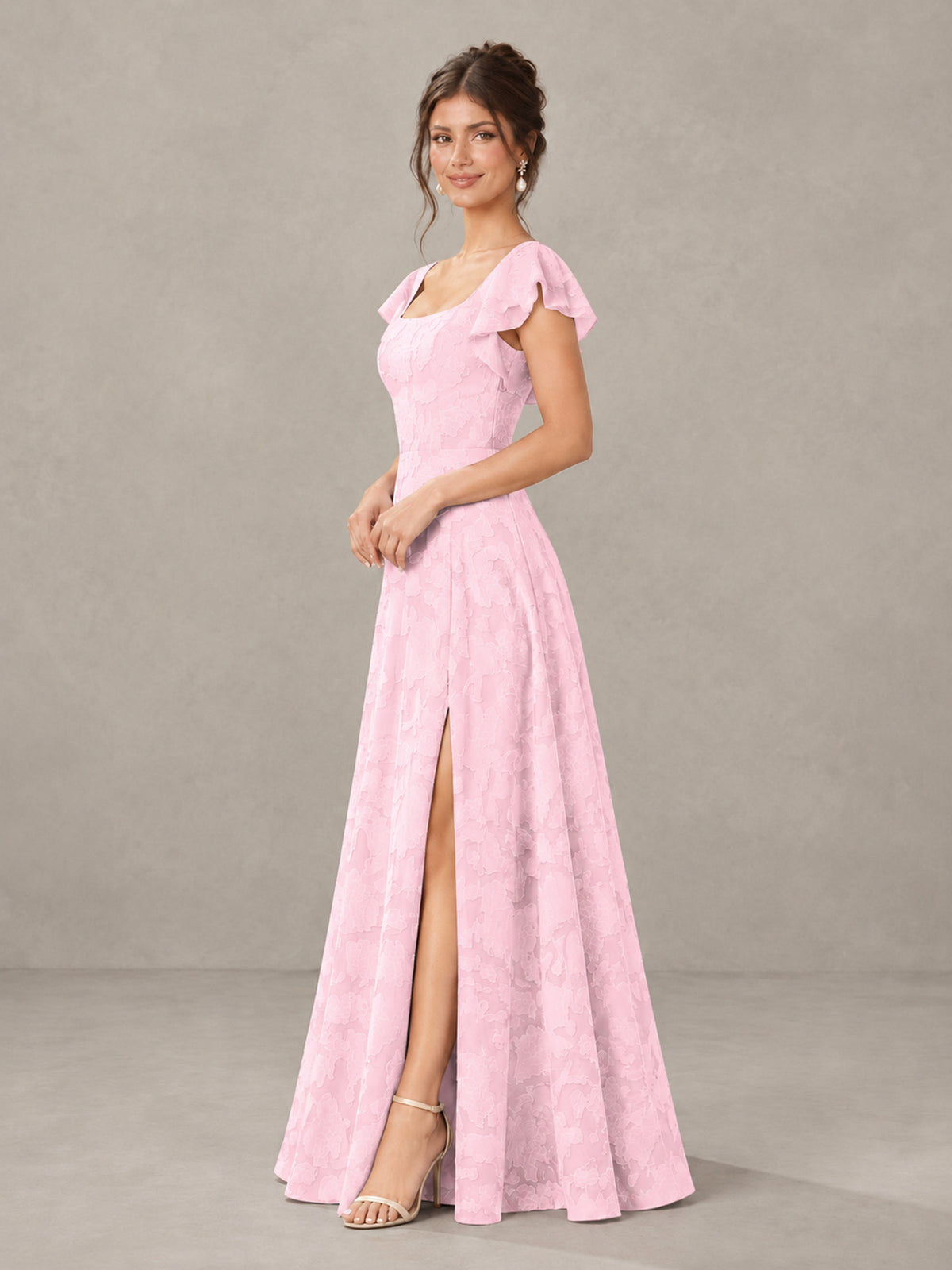 BOLODOO Pink Floral Flutter Sleeve Bridesmaid Dress with Slit - Pink - Pink (3)