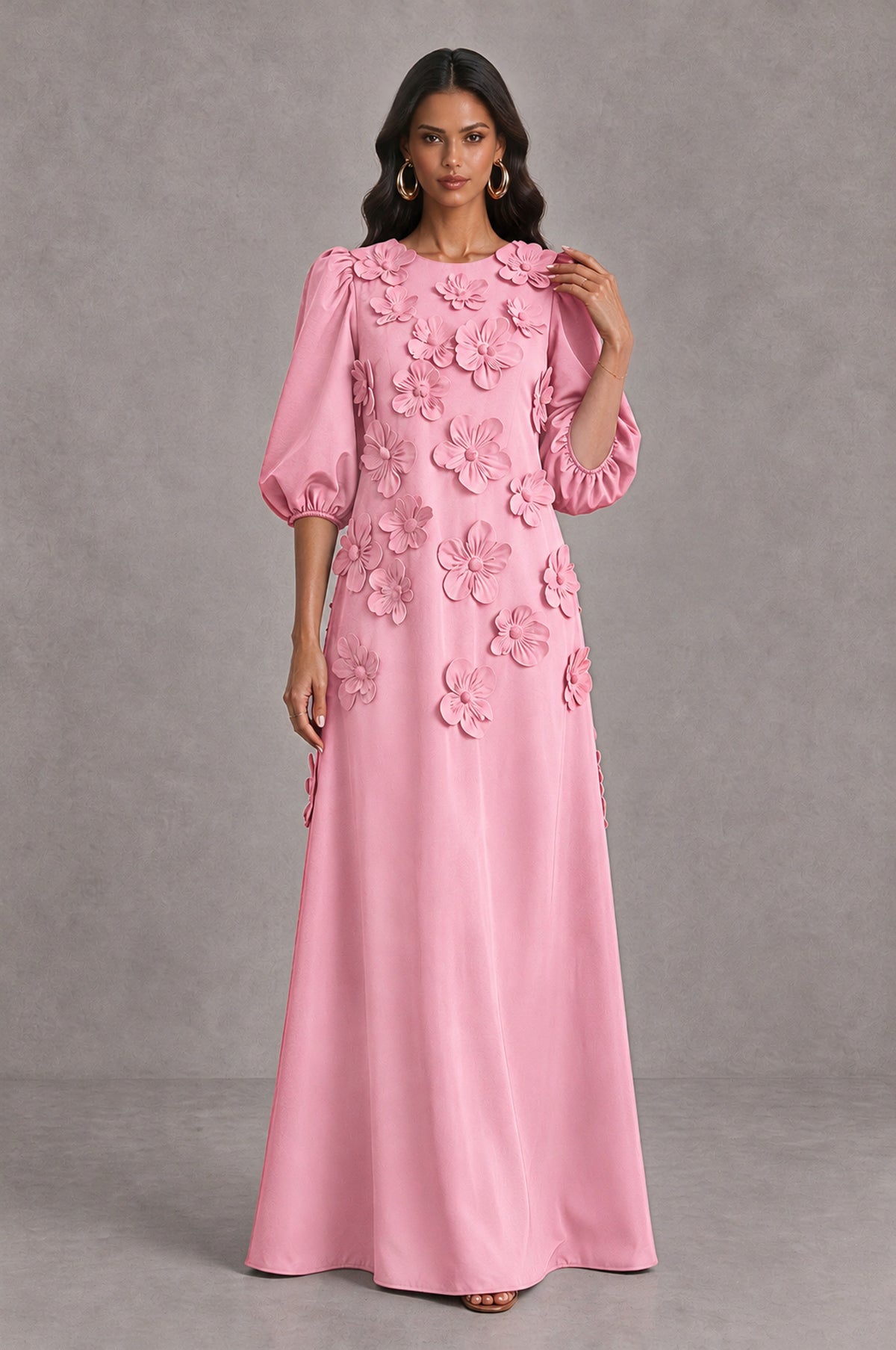 BOLODOO Pink Floral Applique Puff Sleeve A-Line Evening Dress - Pink - Pink (3)