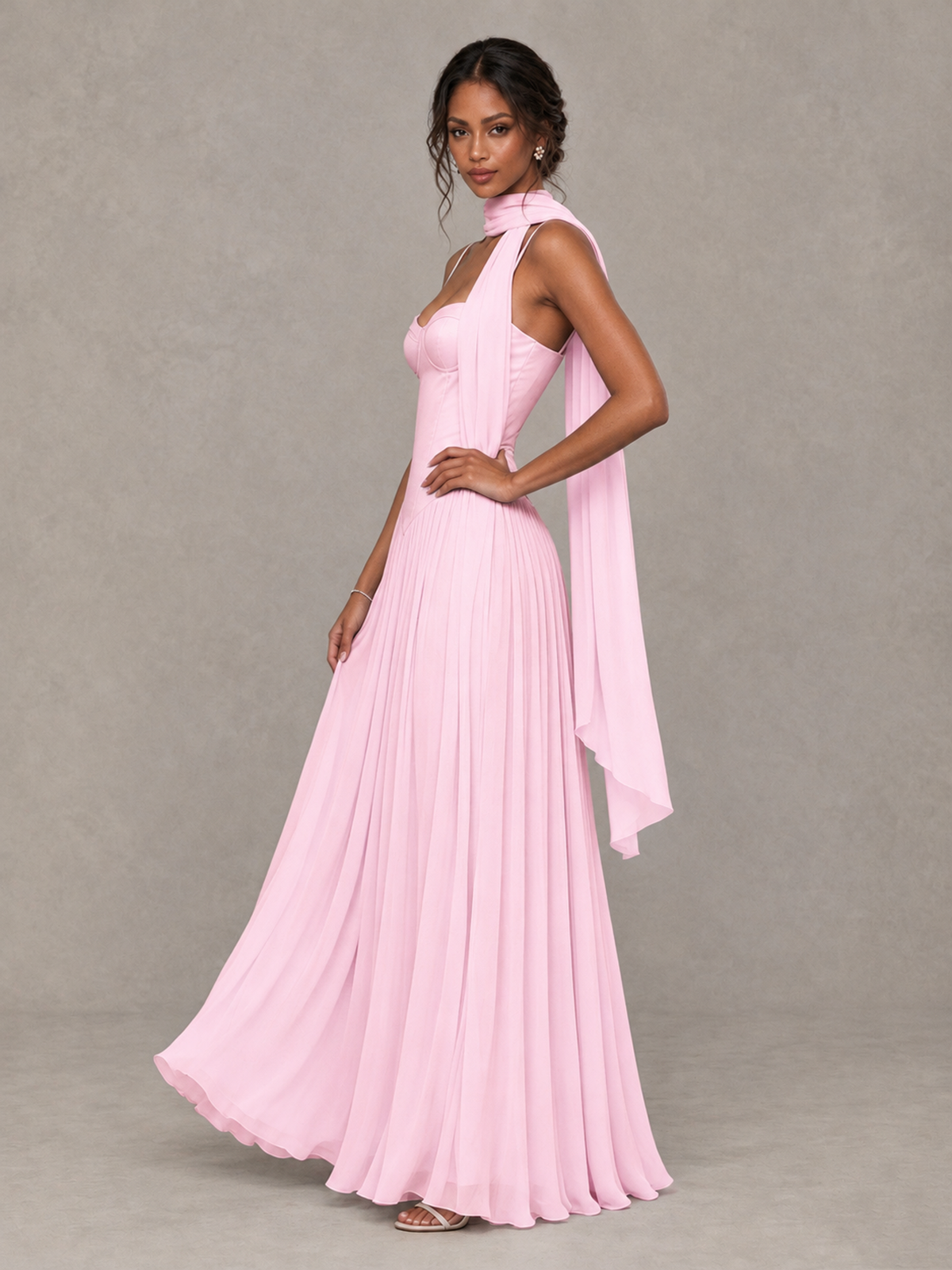 BOLODOO Pink Corset Bridesmaid Dress with Scarf - Pink - Pink (3)