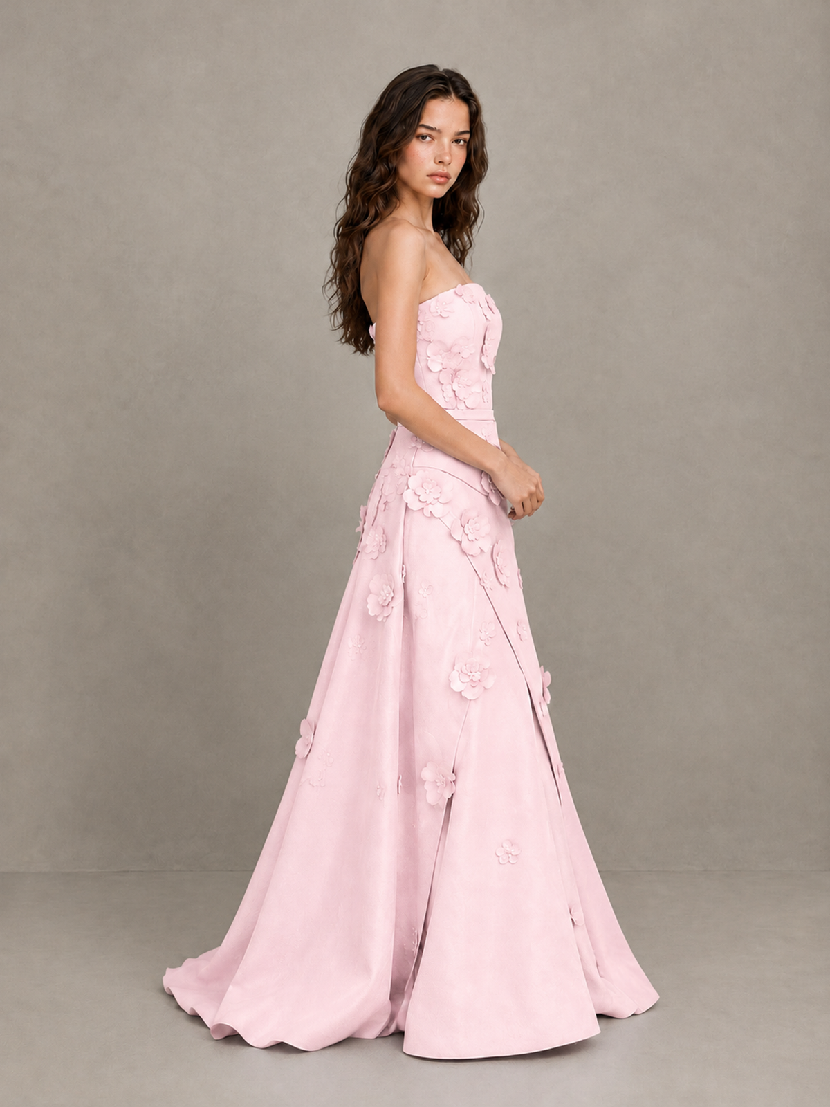 BOLODOO Pink Strapless 3D Floral Applique Prom Gown with Draped Skirt - Pink - Pink (3)