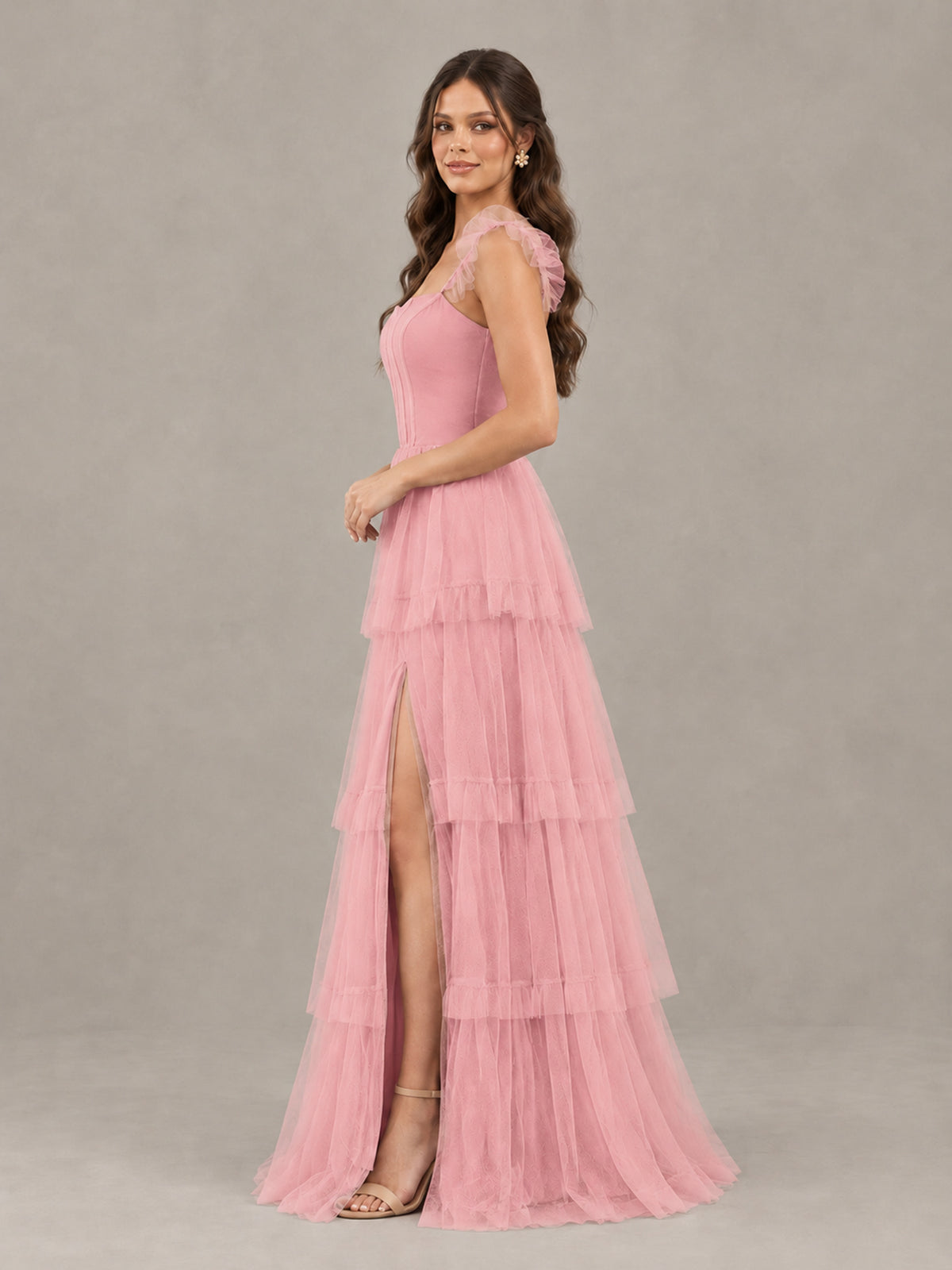 BOLODOO Pink Tiered Tulle Bridesmaid Dress with Slit - Pink - Pink (3)