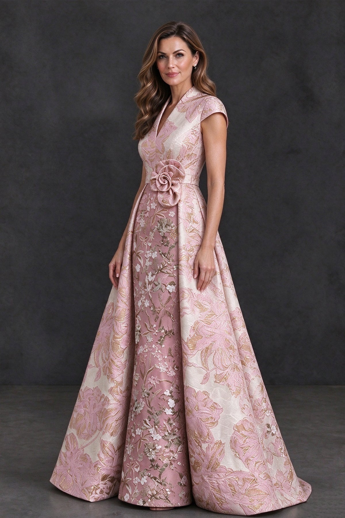 BOLODOO Pink Floral Jacquard V-Neck Mother of the Bride Dress - Pink - Pink (3)