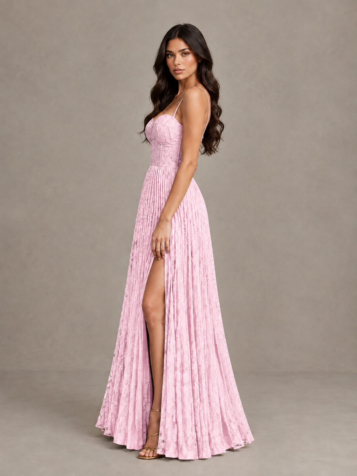 BOLODOO Pink Pleated Bridesmaid Dress with Sweetheart Neckline & Slit - Pink - Pink (3)
