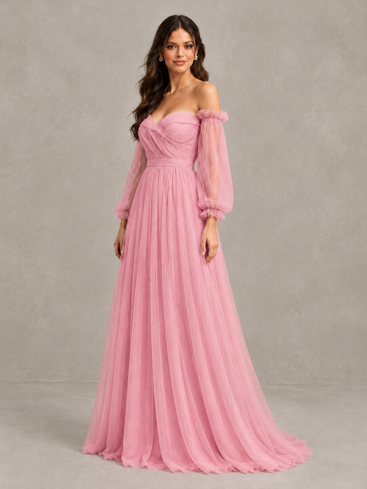BOLODOO Pink Off-the-Shoulder Long Sleeve A-Line Bridesmaid Dress - Pink - Pink (3)