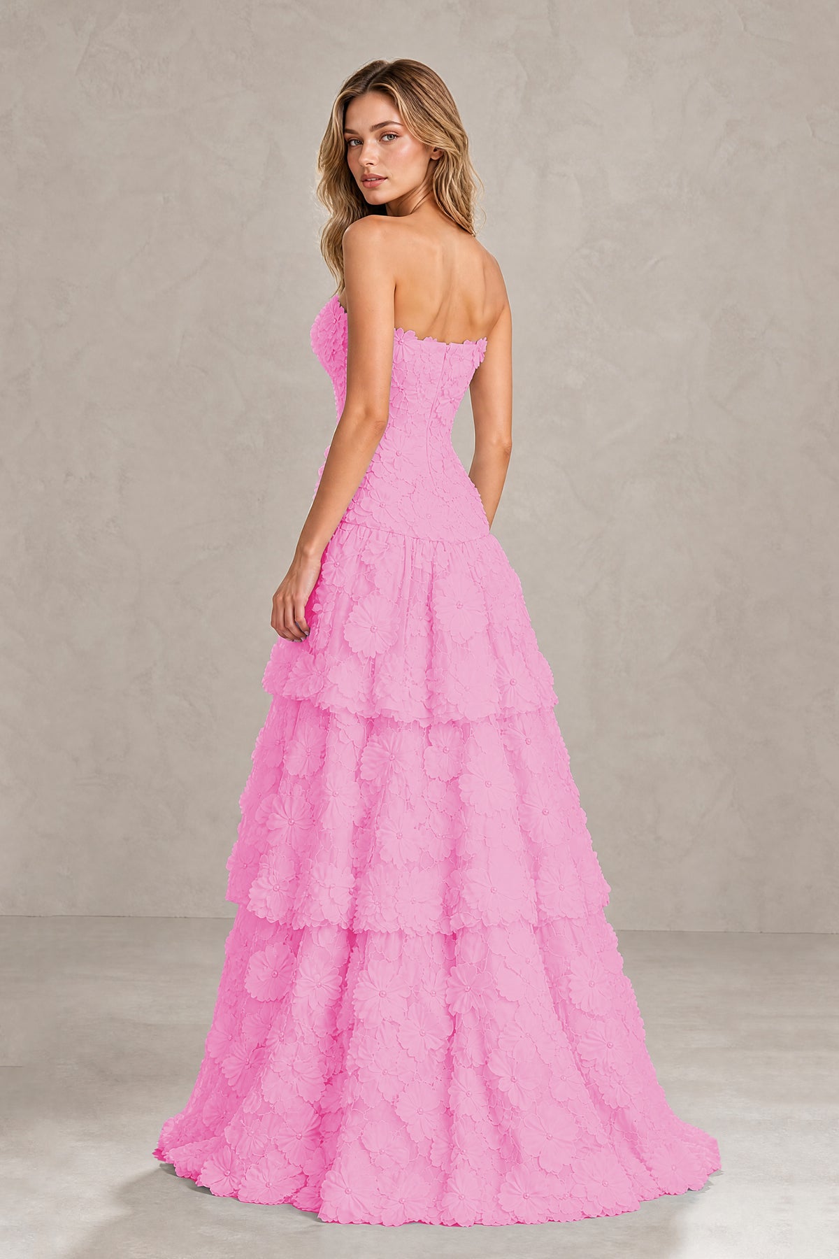 BOLODOO Pink Strapless 3D Floral Tiered Evening Gown - Pink