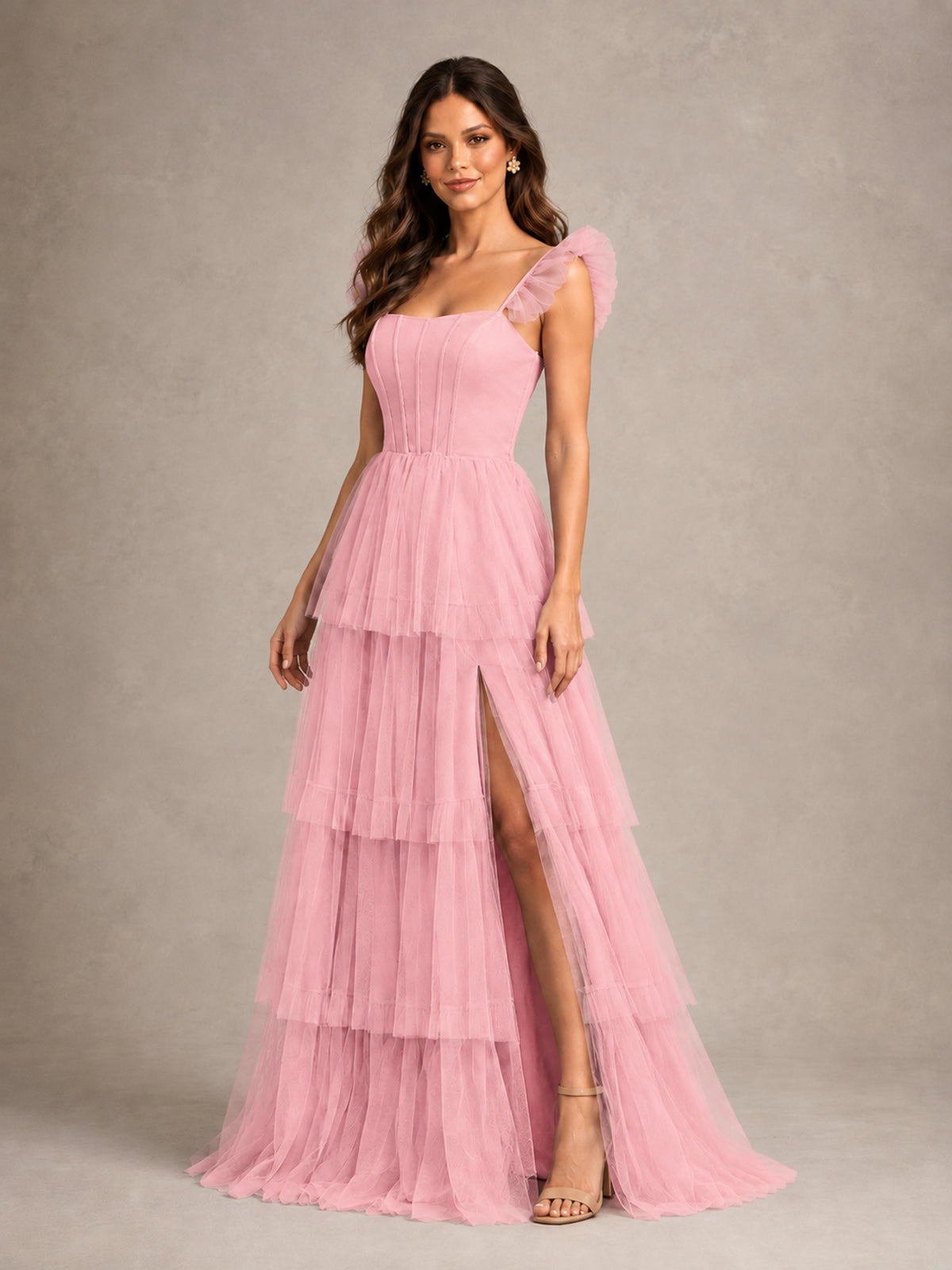 BOLODOO Pink Tiered Tulle Bridesmaid Dress with Slit - Pink - Pink (4)