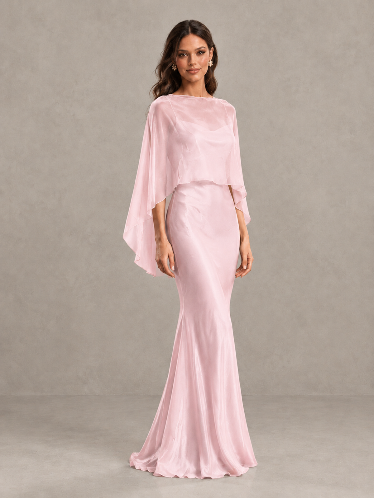 BOLODOO Pink Satin Mermaid Bridesmaid Dress with Chiffon Cape - Pink - Pink (4)