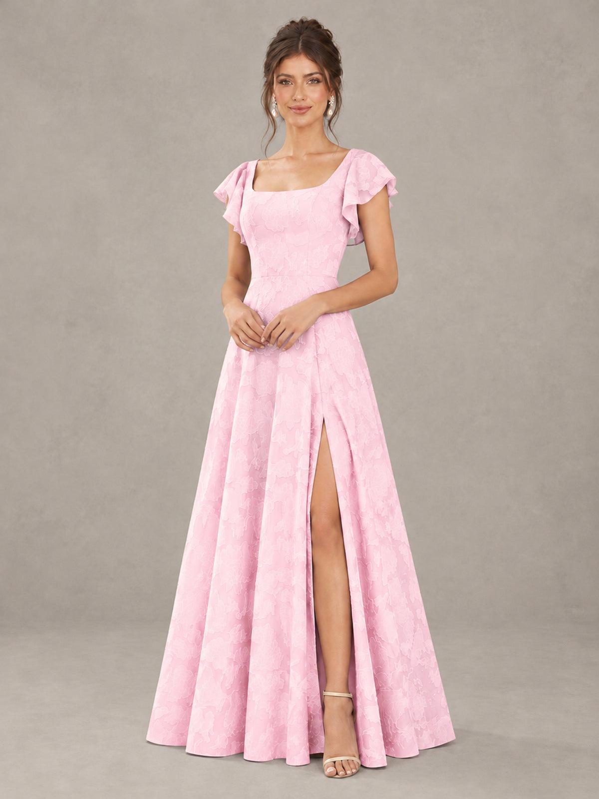BOLODOO Pink Floral Flutter Sleeve Bridesmaid Dress with Slit - Pink - Pink (4)