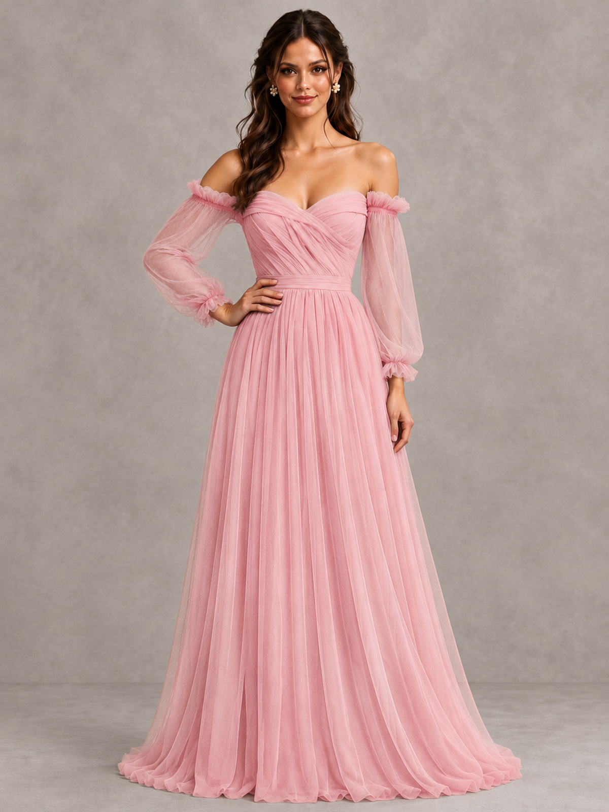 BOLODOO Pink Off-the-Shoulder Long Sleeve A-Line Bridesmaid Dress - Pink - Pink (4)