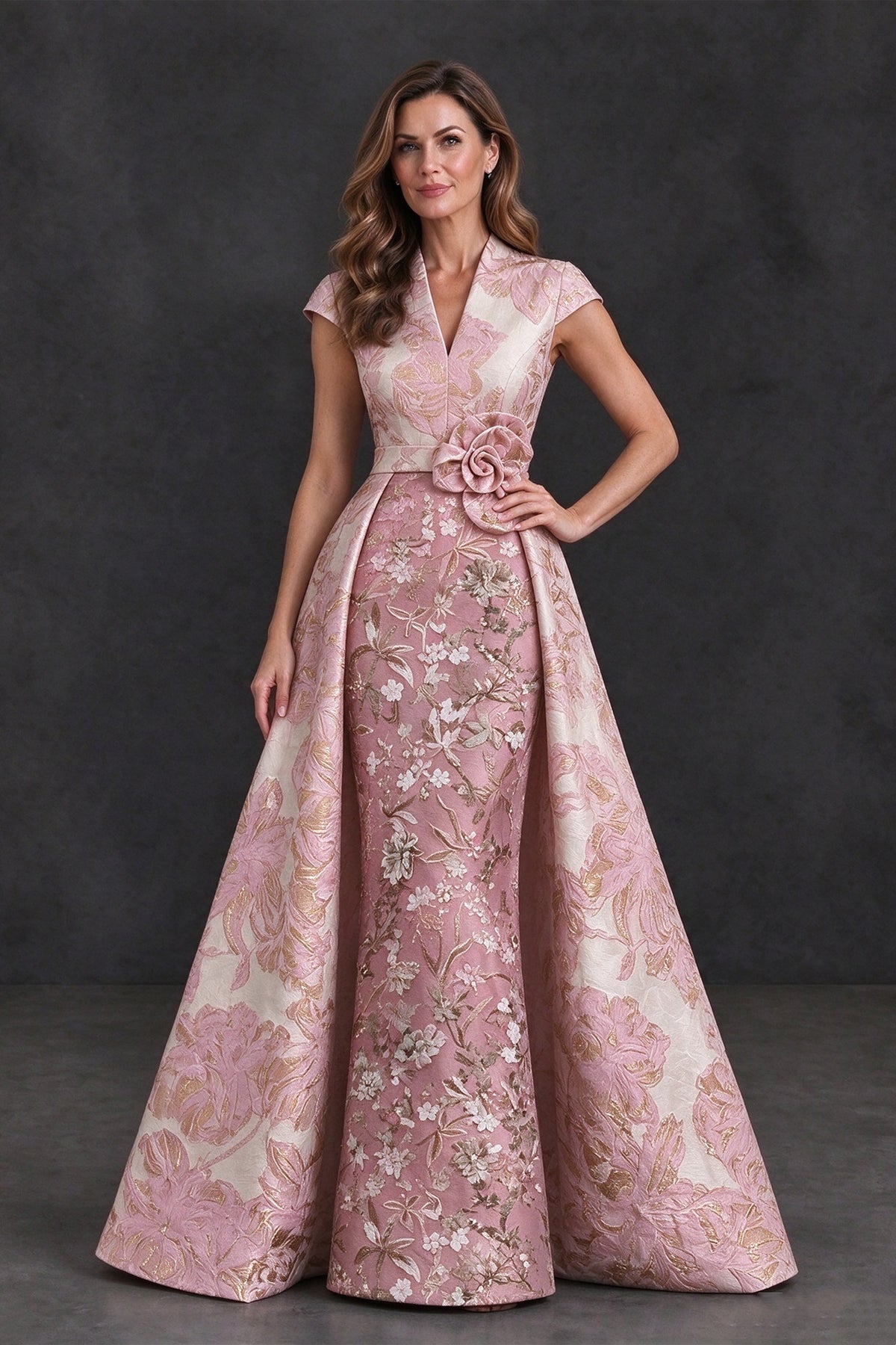 BOLODOO Pink Floral Jacquard V-Neck Mother of the Bride Dress - Pink - Pink (4)