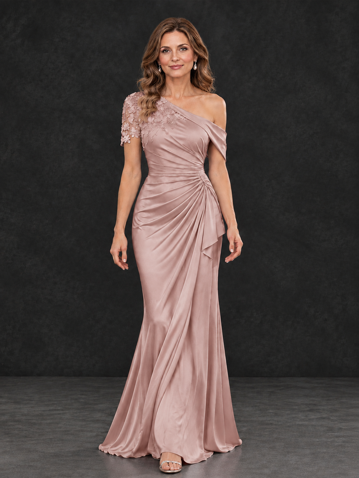 BOLODOO Pink Asymmetric Satin Mother of the Bride Dress with Lace Sleeve - Pink - Pink (4)