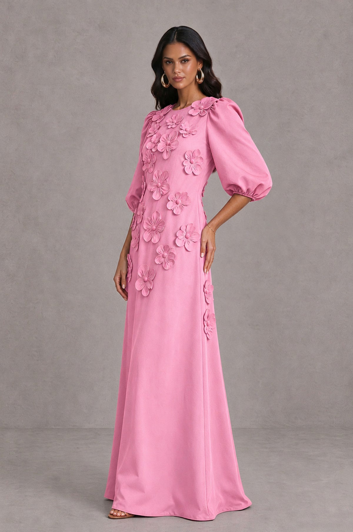 BOLODOO Pink Floral Applique Puff Sleeve A-Line Evening Dress - Pink - Pink (4)