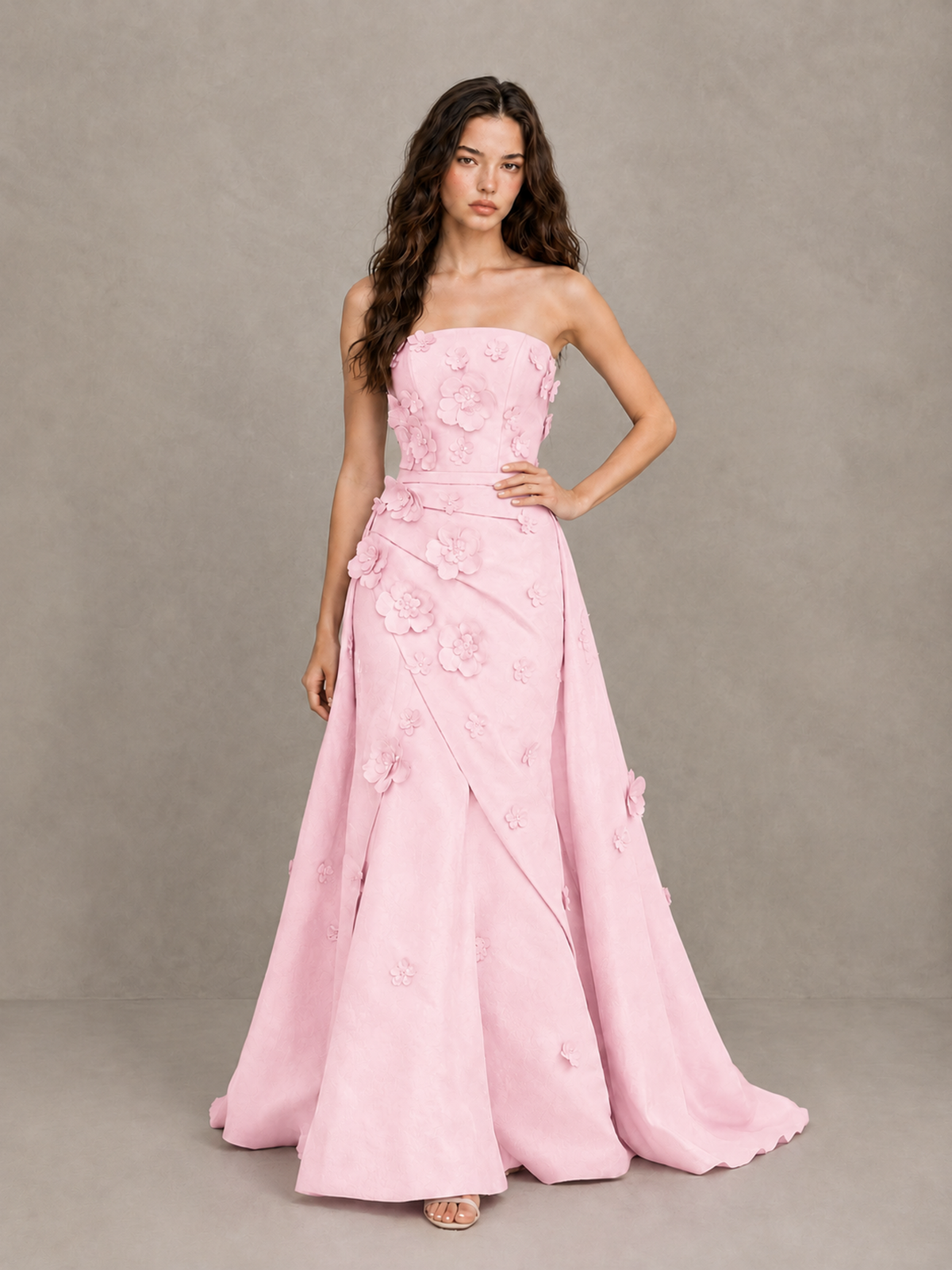 BOLODOO Pink Strapless 3D Floral Applique Prom Gown with Draped Skirt - Pink - Pink (4)