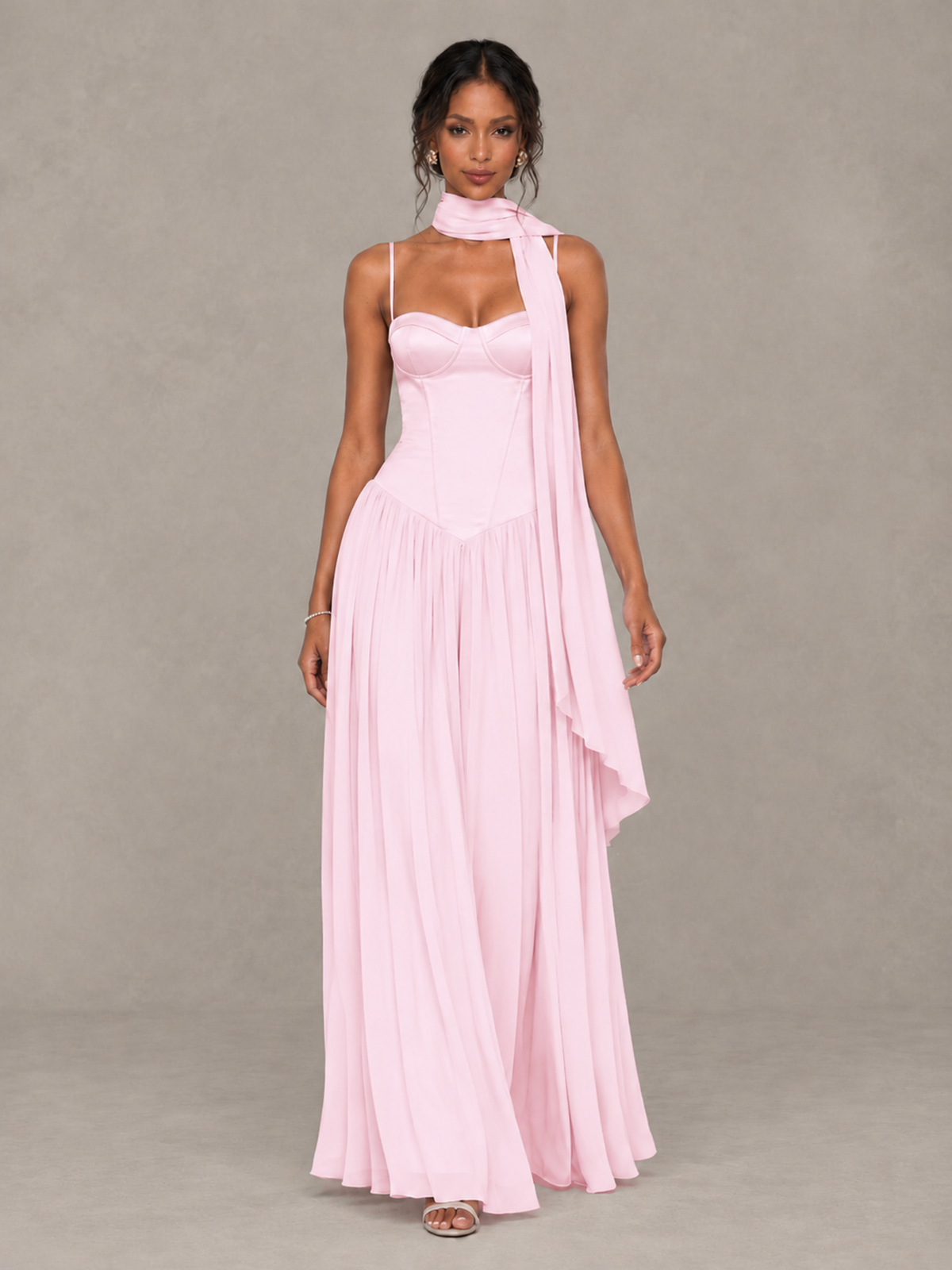 BOLODOO Pink Corset Bridesmaid Dress with Scarf - Pink - Pink (4)