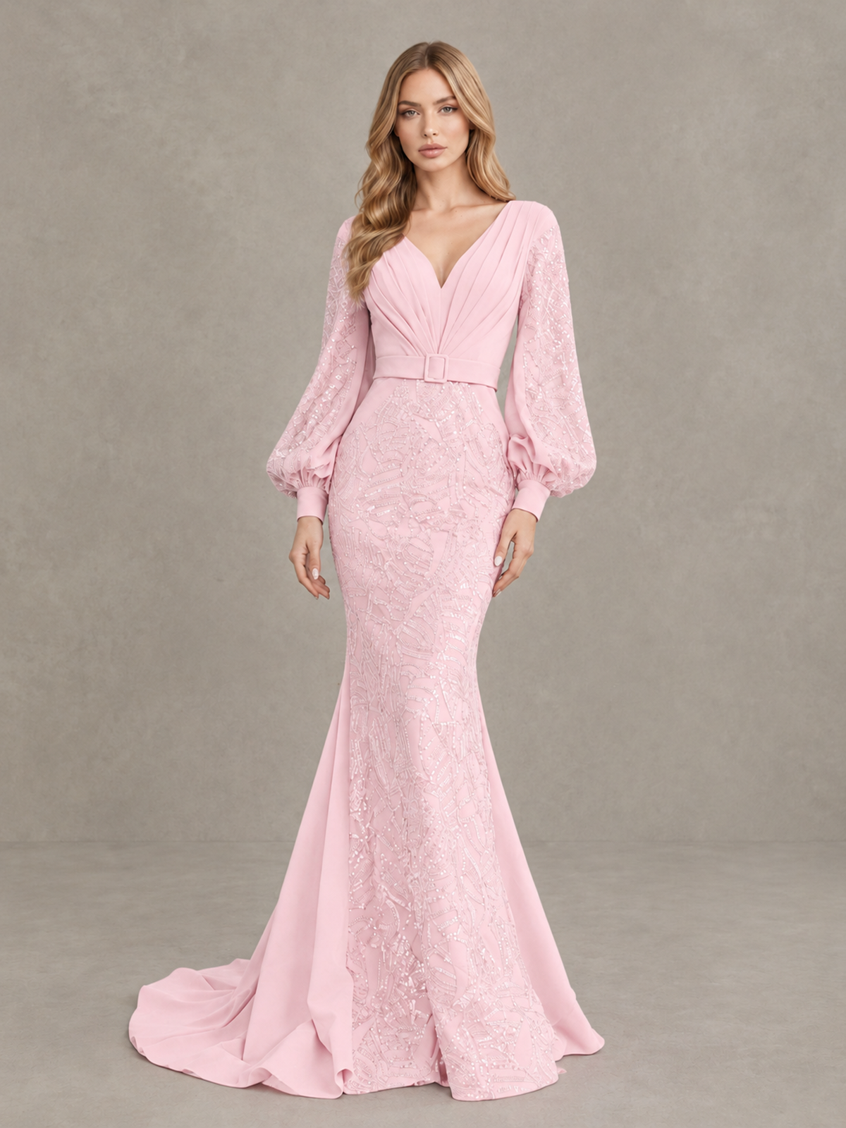 BOLODOO Pink Sequin Long Bishop Sleeve Mermaid Evening Dress - Pink - Pink (4)