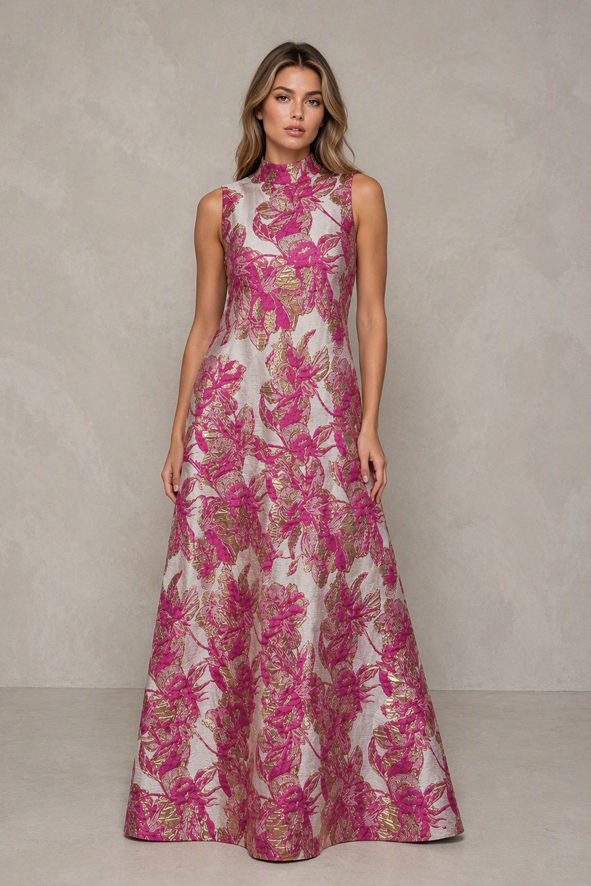 BOLODOO pink floral textured maxi dress front view