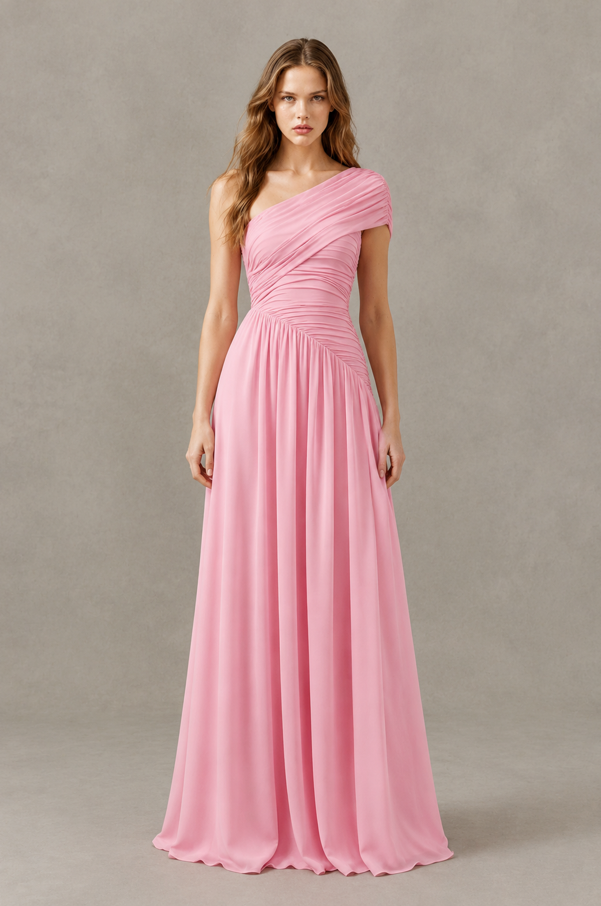 BOLODOO QQ080 pink one-shoulder ruched floor-length bridesmaid dress, full front view
