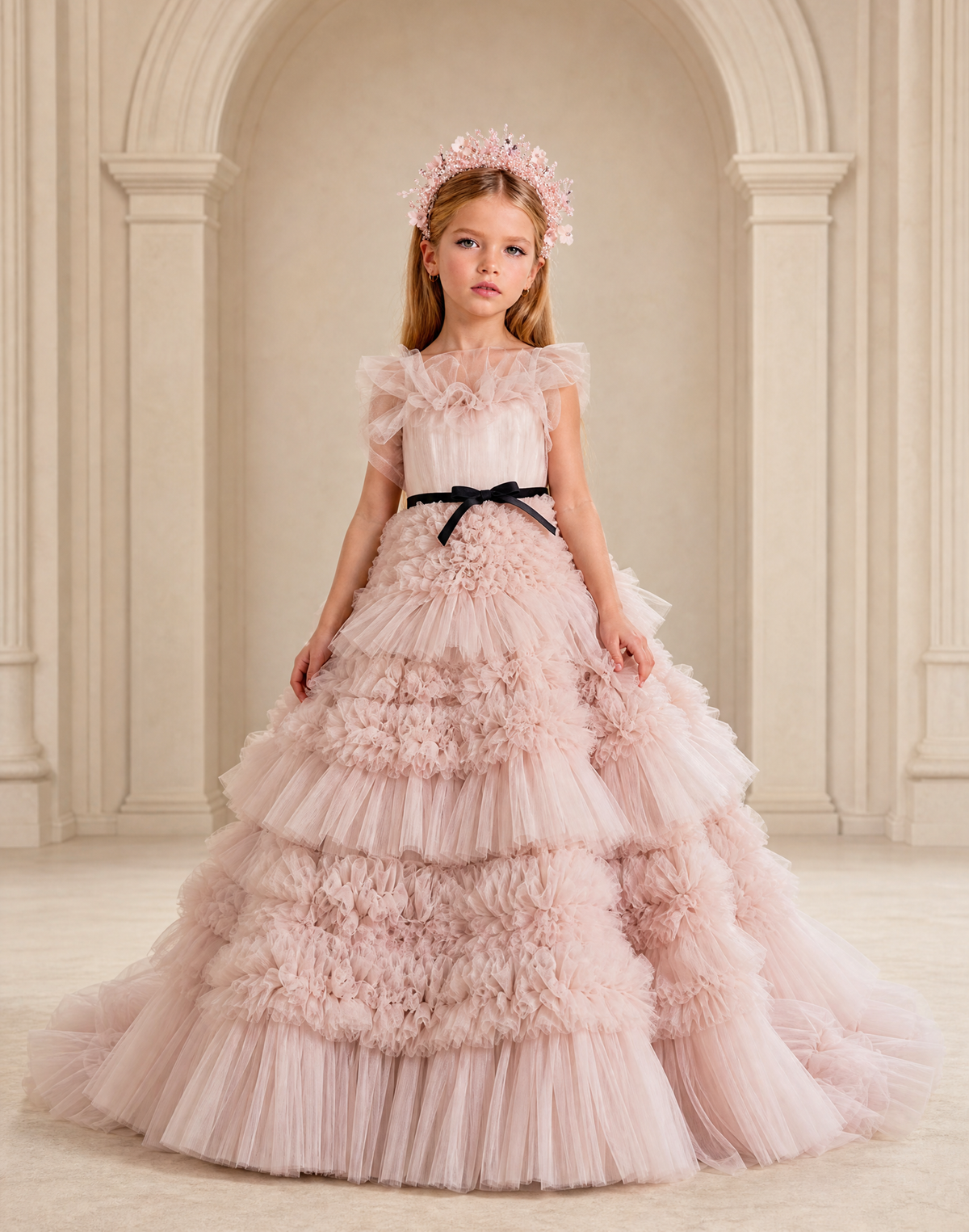 BOLODOO Blush Pink Tiered Tulle Flower Girl Dress with Floral Appliques 