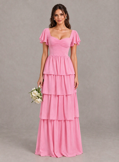 BOLODOO Pink Flutter Sleeve Tiered Maxi Bridesmaid Dress 