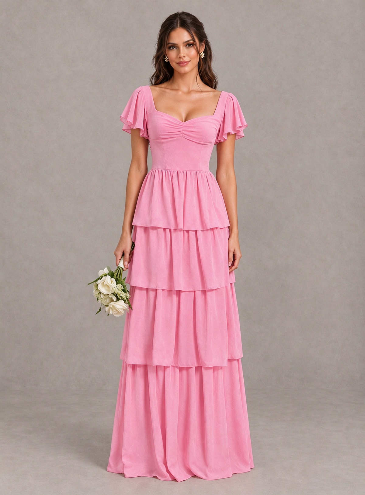 BOLODOO Pink Flutter Sleeve Tiered Maxi Bridesmaid Dress 