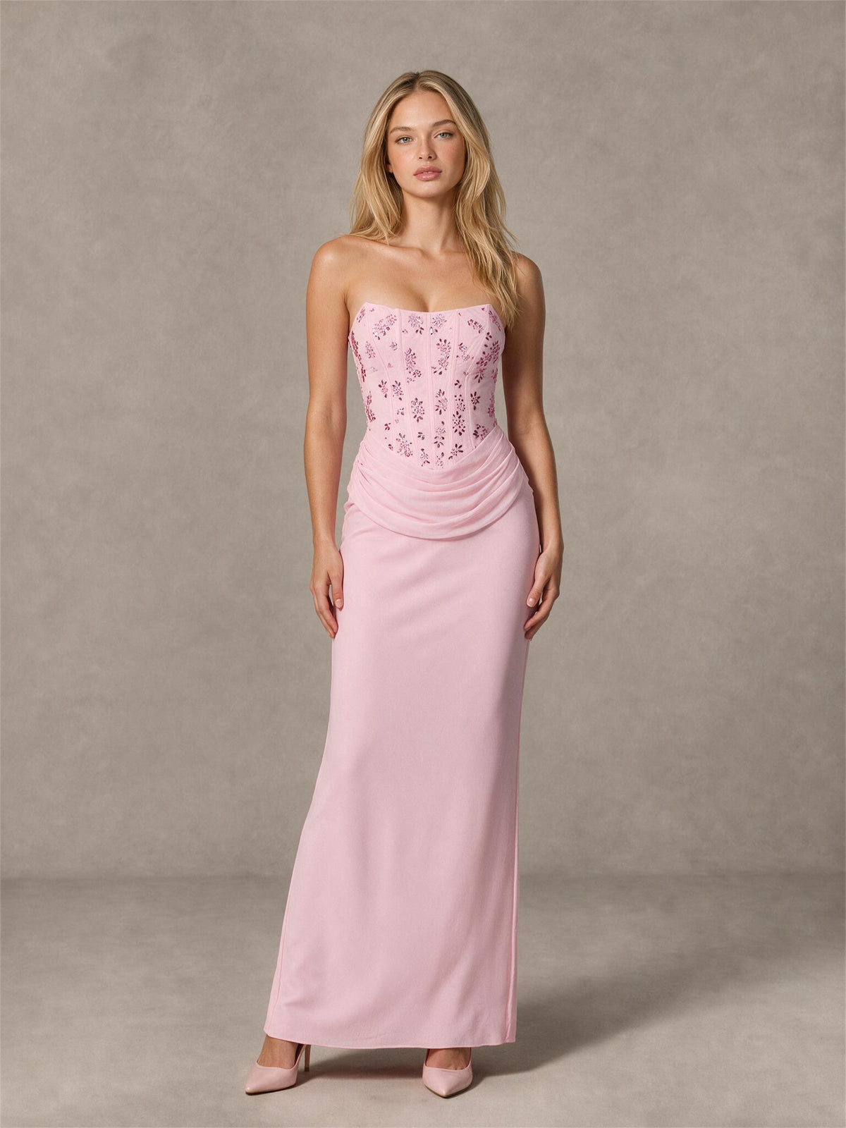 BOLODOO Pink Strapless Floral Corset Prom Dress with Lace-Up Back 