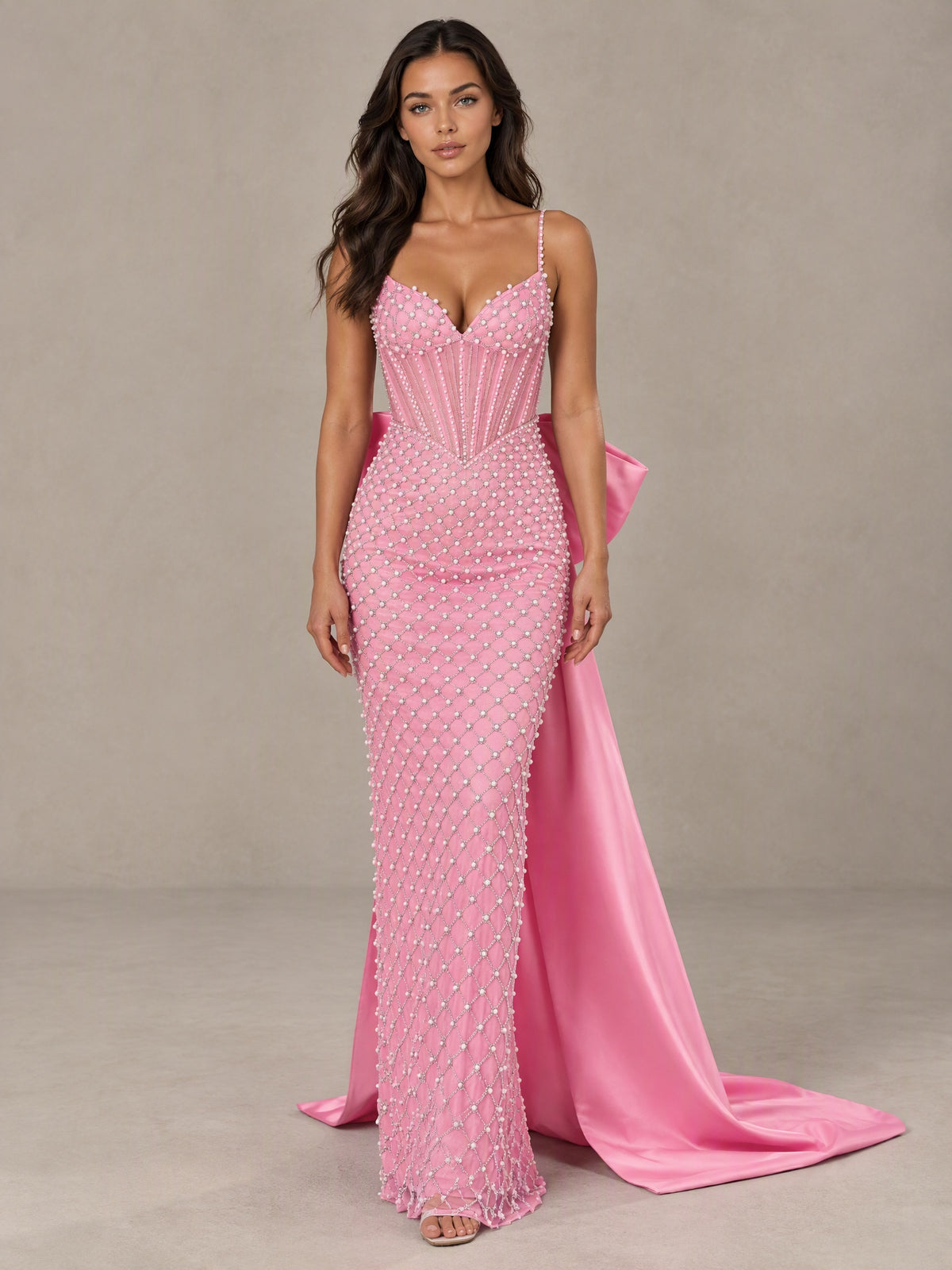 BOLODOO Pink Beaded Corset Prom Dress with Bow Train 