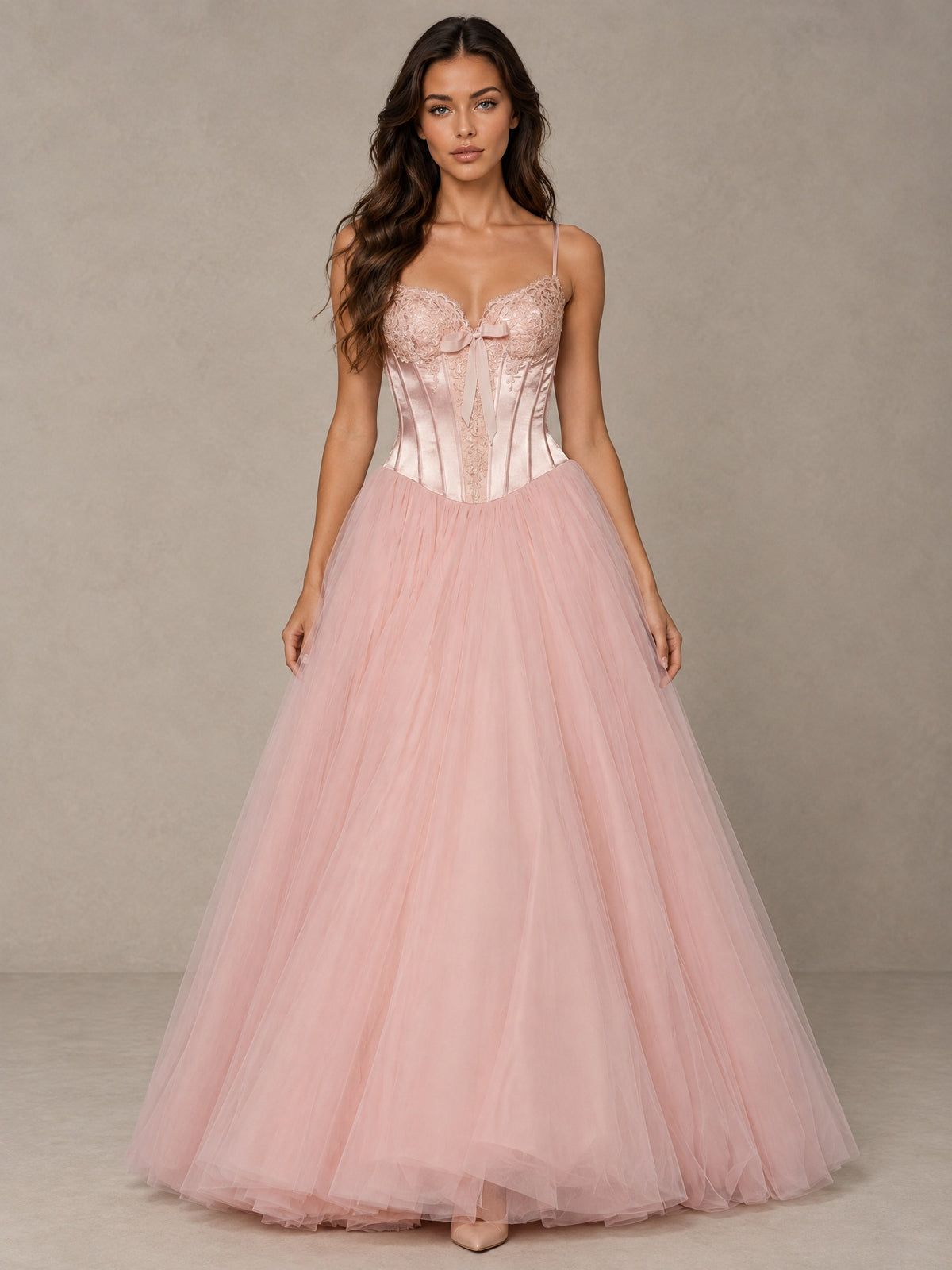 BOLODOO Pink Corset Tulle Prom Dress with Spaghetti Straps 