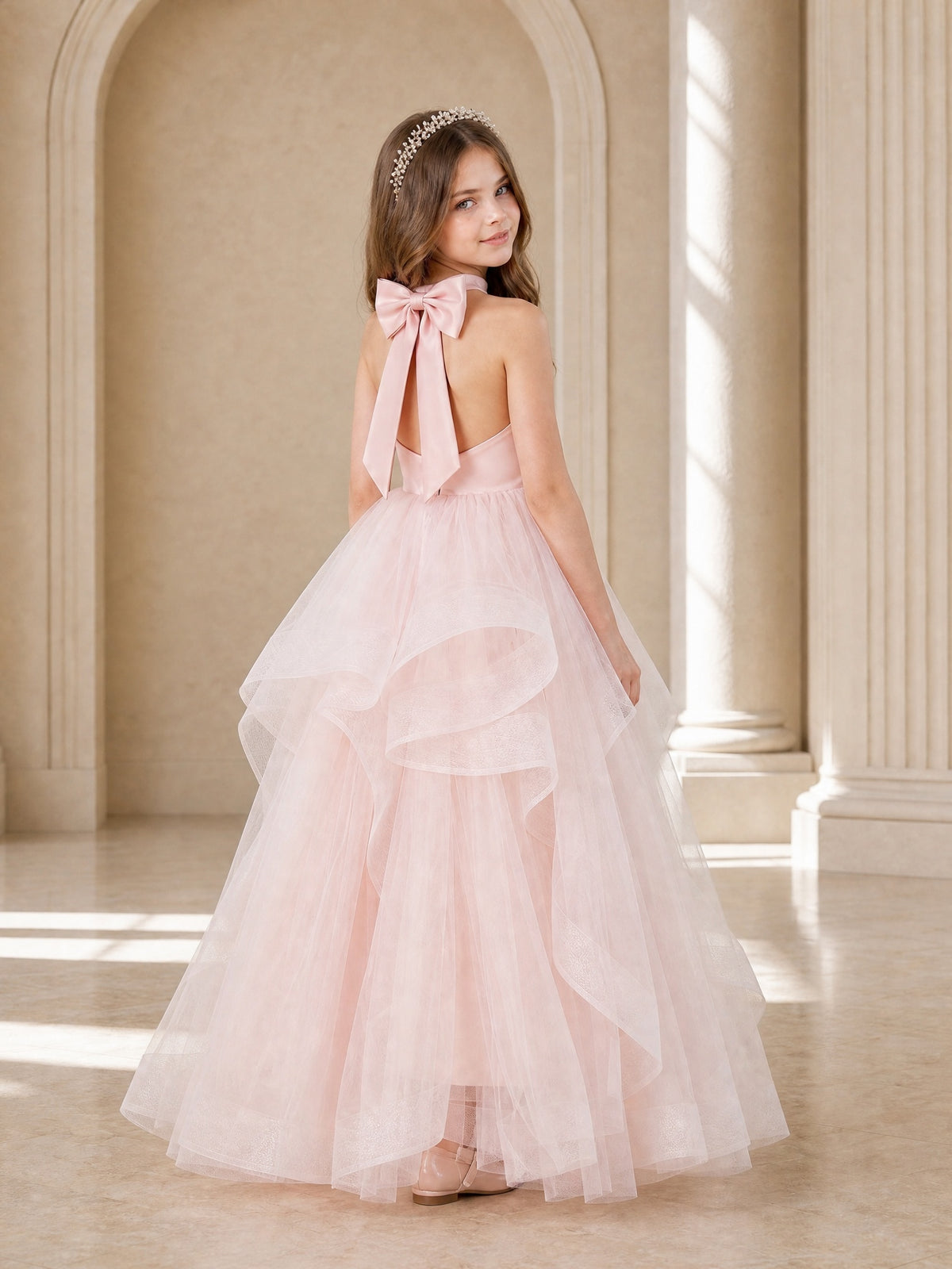 BOLODOO Blush Pink Halter Tiered Tulle Flower Girl Dress with Bow Back 