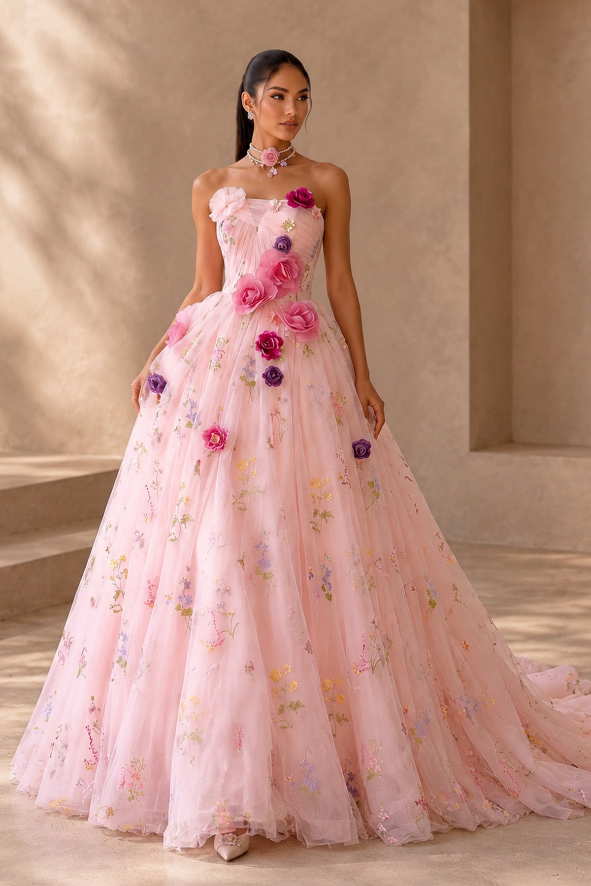 Full-length front view of BOLODOO blush pink corset-style ball gown with multicolored floral details