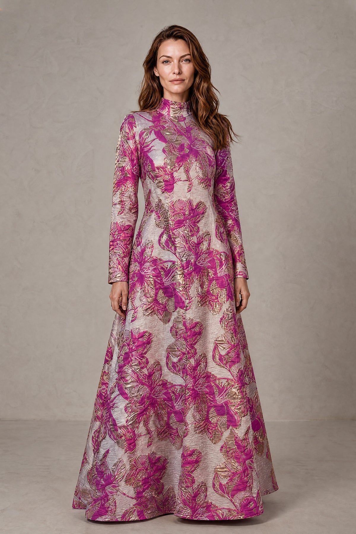 BOLODOO pink floral jacquard long sleeve maxi dress, full front view