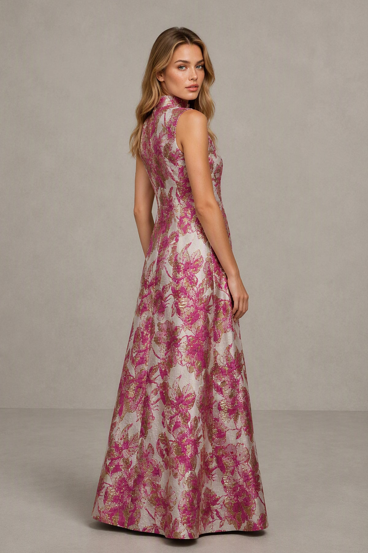 BOLODOO pink floral maxi dress side and covered-back view