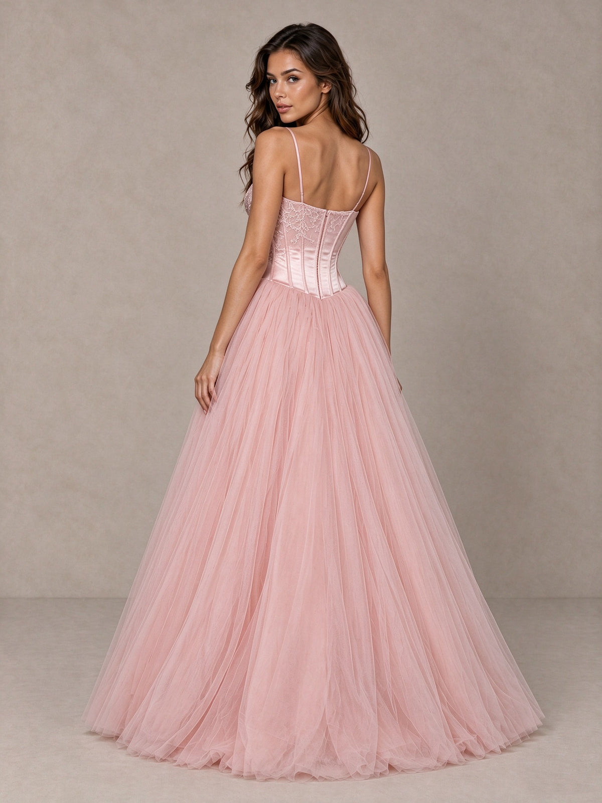 BOLODOO Pink Corset Tulle Prom Dress with Spaghetti Straps 