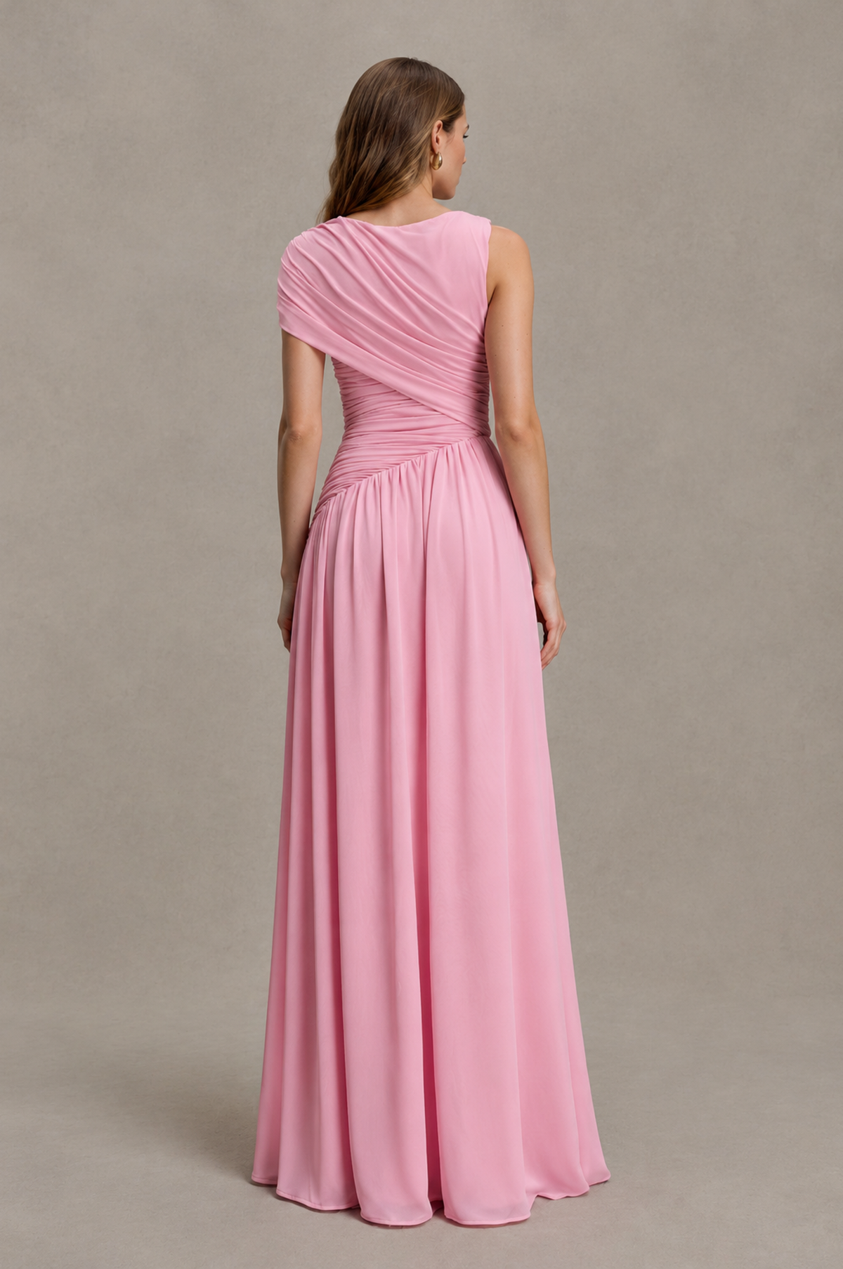 BOLODOO QQ080 pink floor-length gown with covered ruched back, rear view