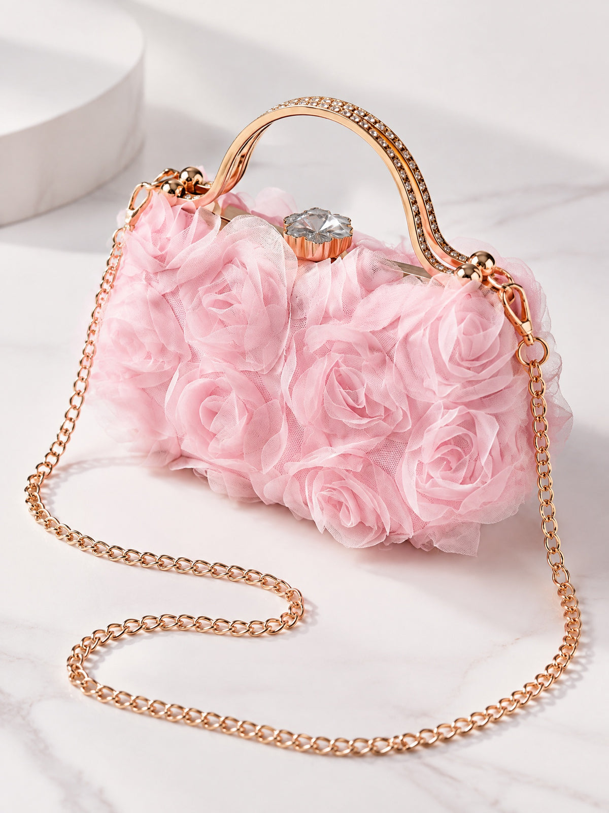 BOLODOO pink 3D rose evening bag with gold-tone top handle and chain