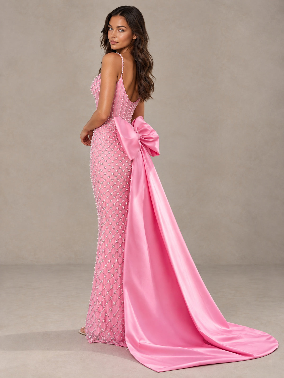 BOLODOO Pink Beaded Corset Prom Dress with Bow Train 