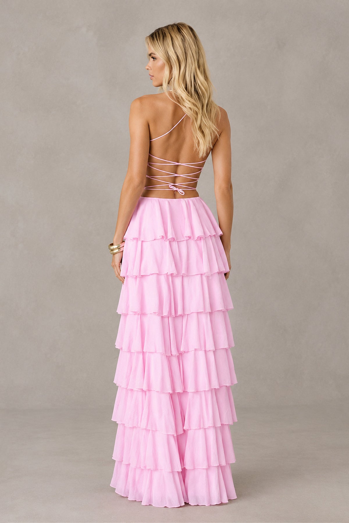 BOLODOO pink strapless tiered ruffle maxi dress front view with slit