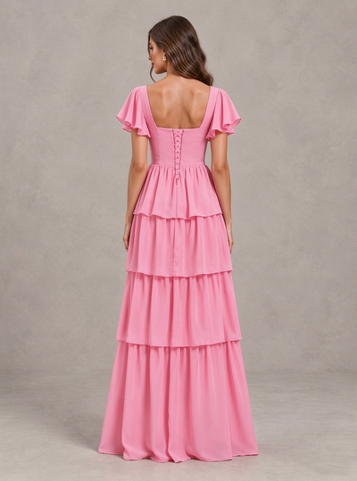 BOLODOO Pink Flutter Sleeve Tiered Maxi Bridesmaid Dress 