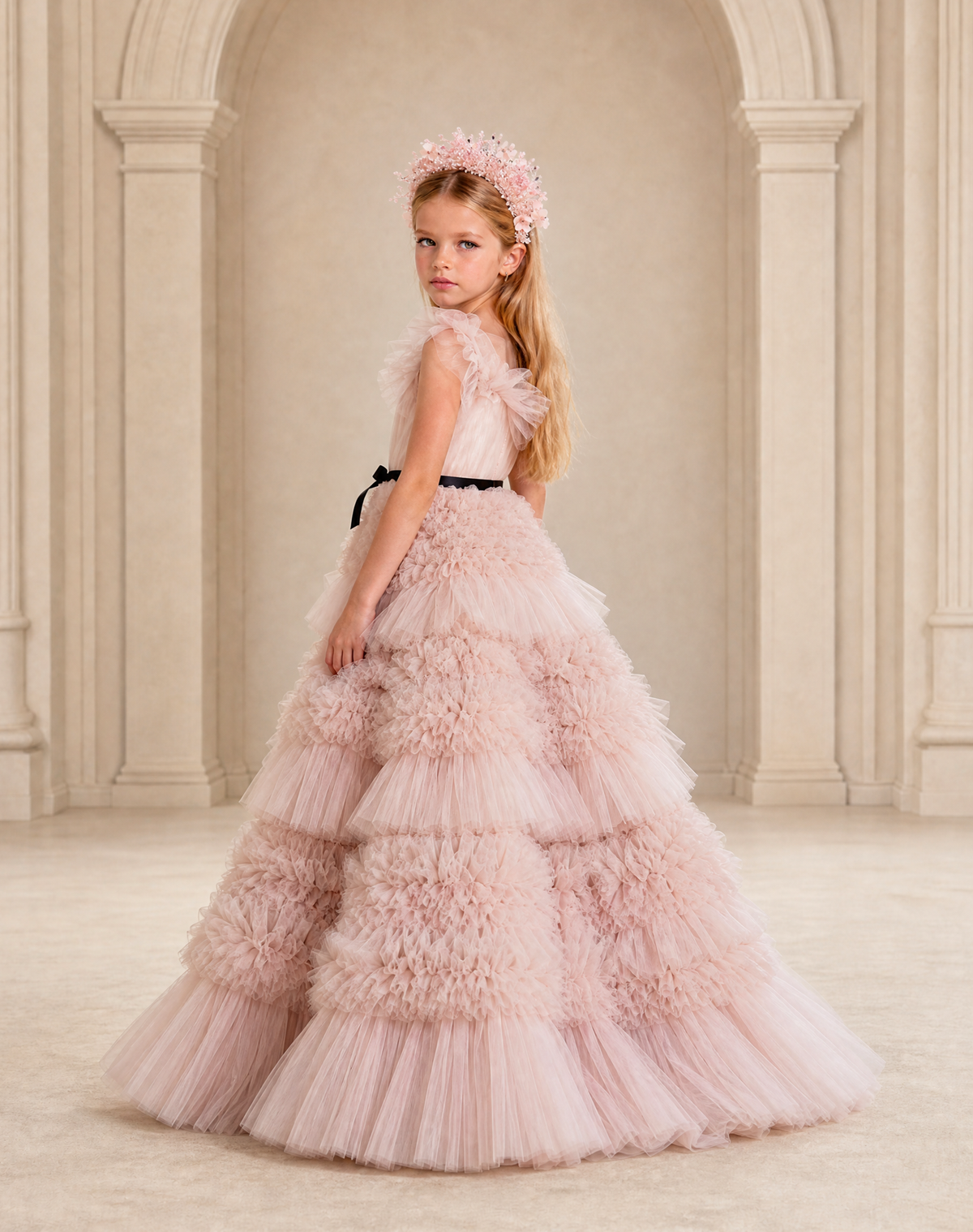 BOLODOO Blush Pink Tiered Tulle Flower Girl Dress with Floral Appliques 