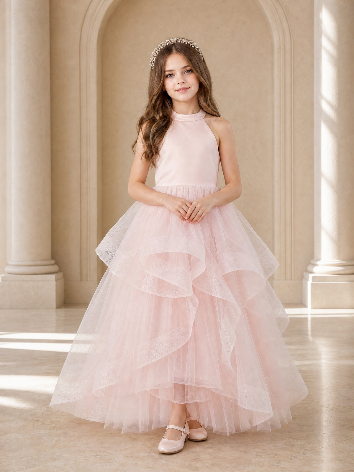 BOLODOO Blush Pink Halter Tiered Tulle Flower Girl Dress with Bow Back 