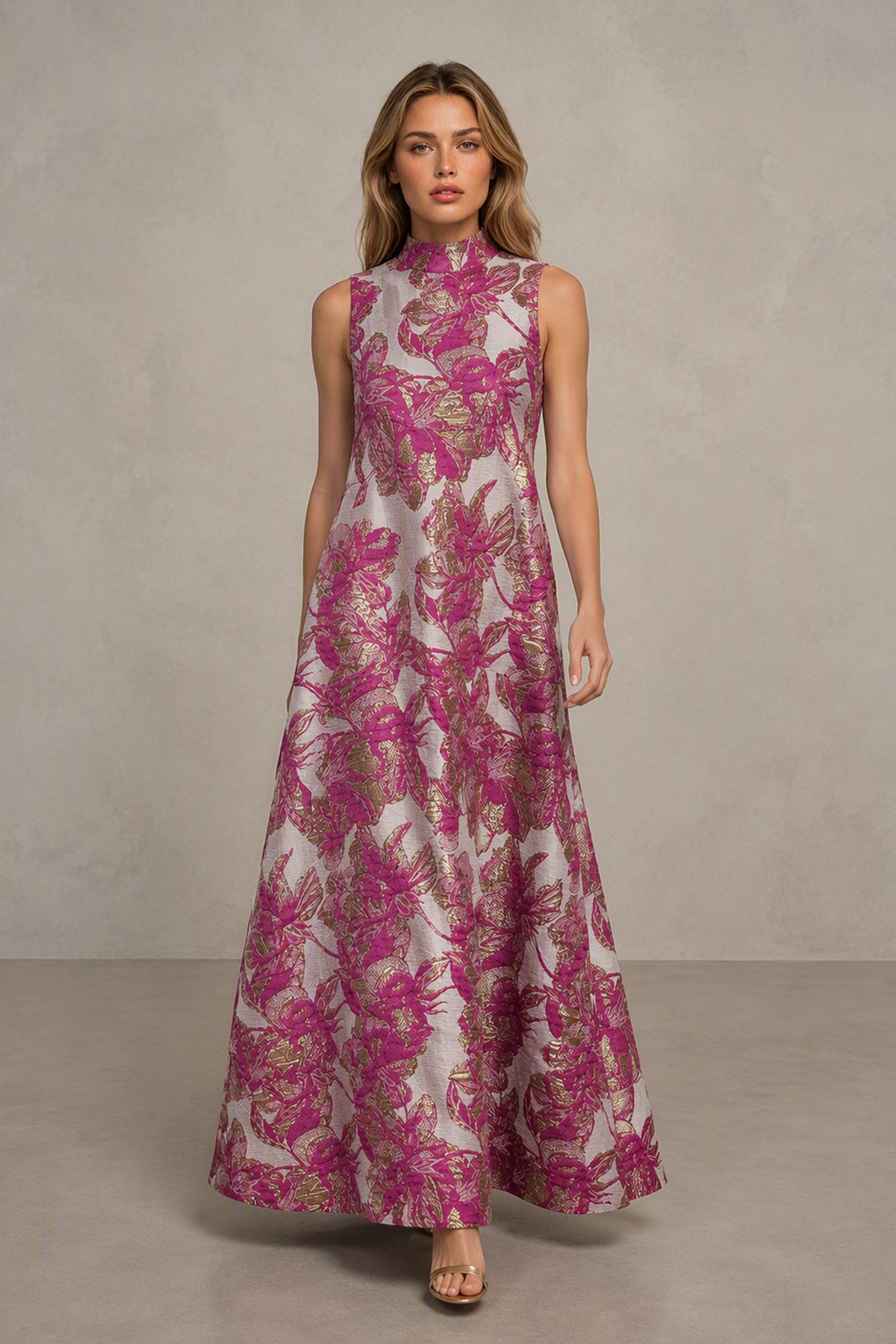 BOLODOO pink floral high-neck sleeveless A-line maxi dress front view