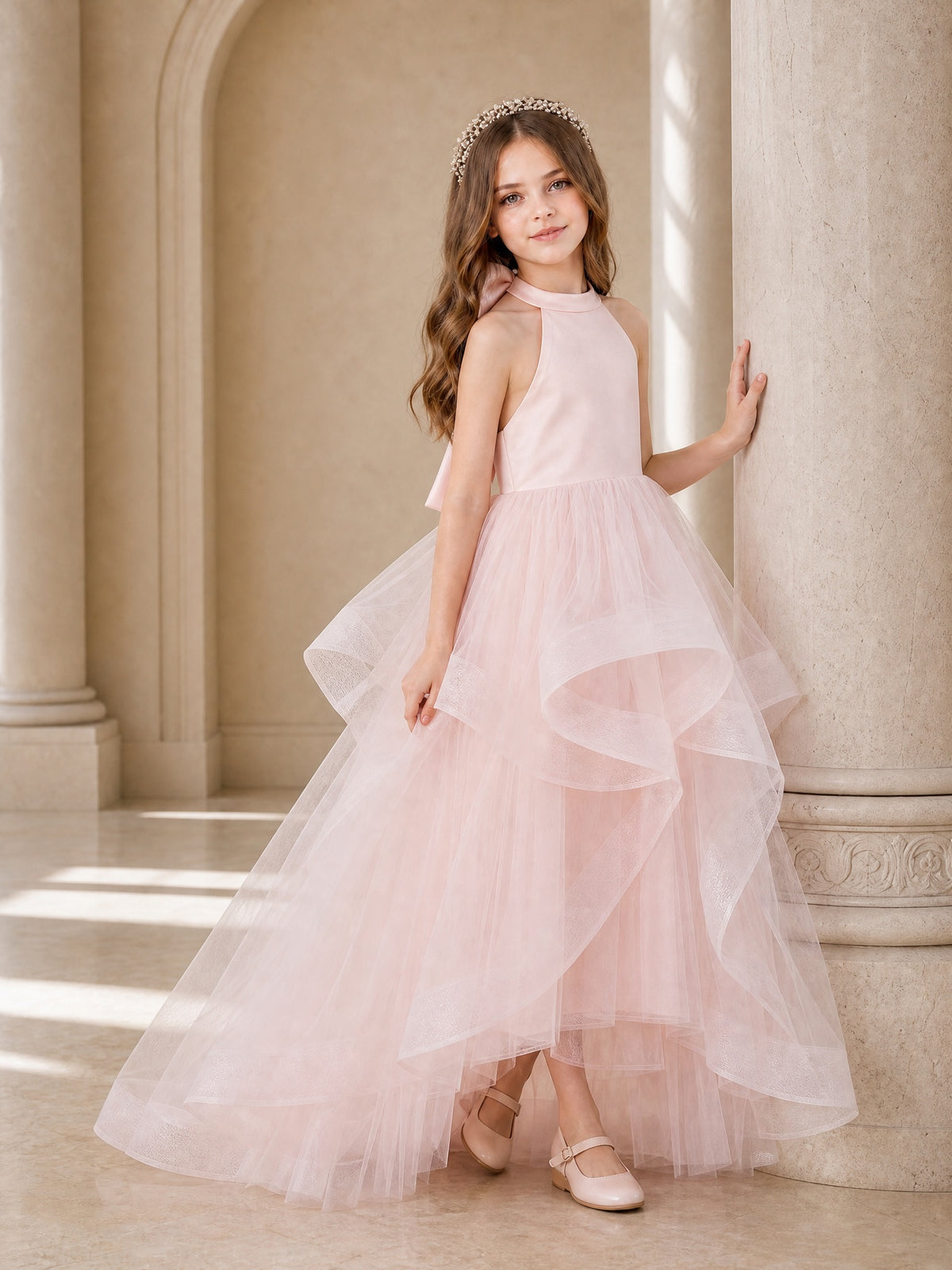 BOLODOO Blush Pink Halter Tiered Tulle Flower Girl Dress with Bow Back 