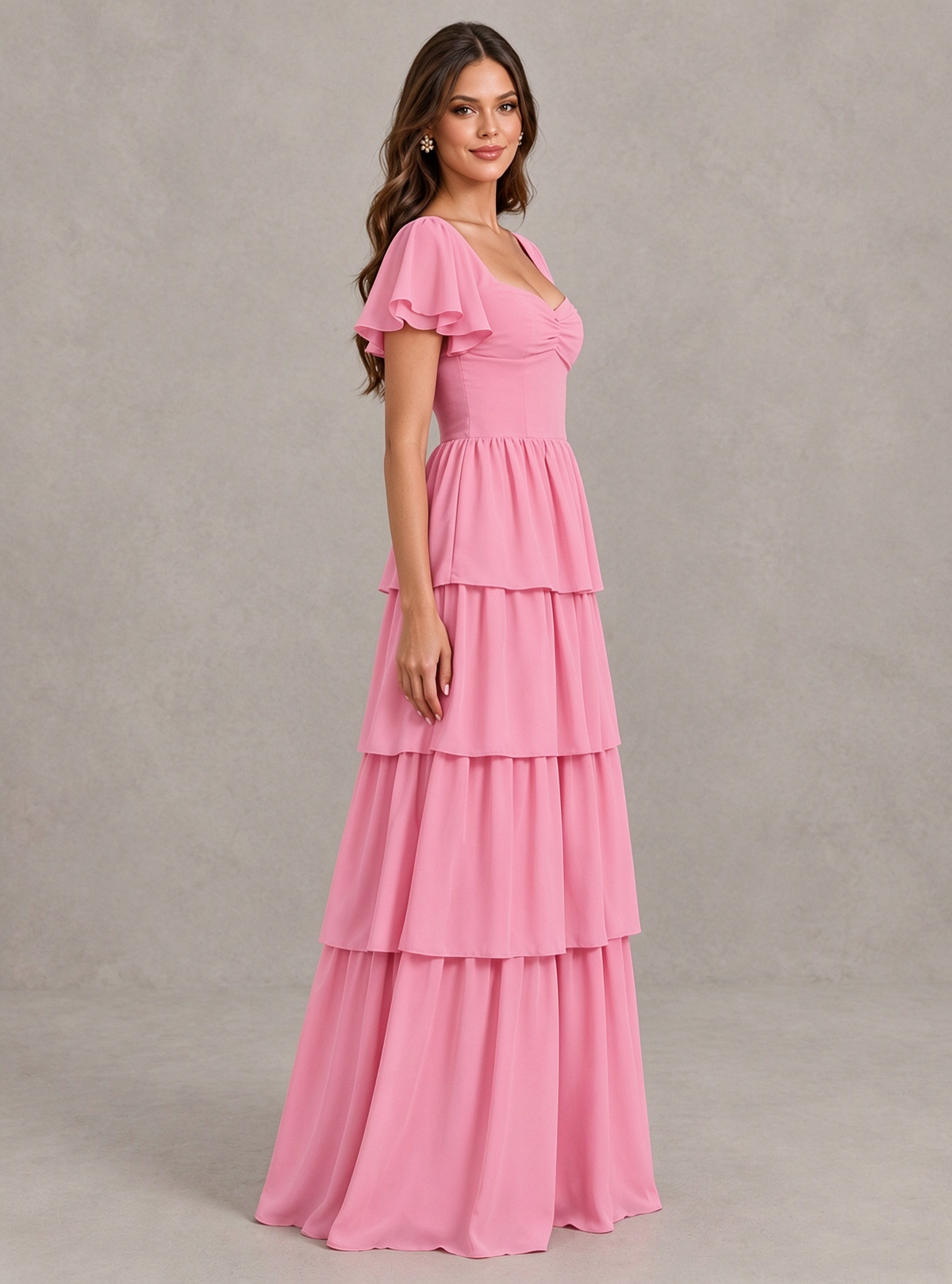 BOLODOO Pink Flutter Sleeve Tiered Maxi Bridesmaid Dress 