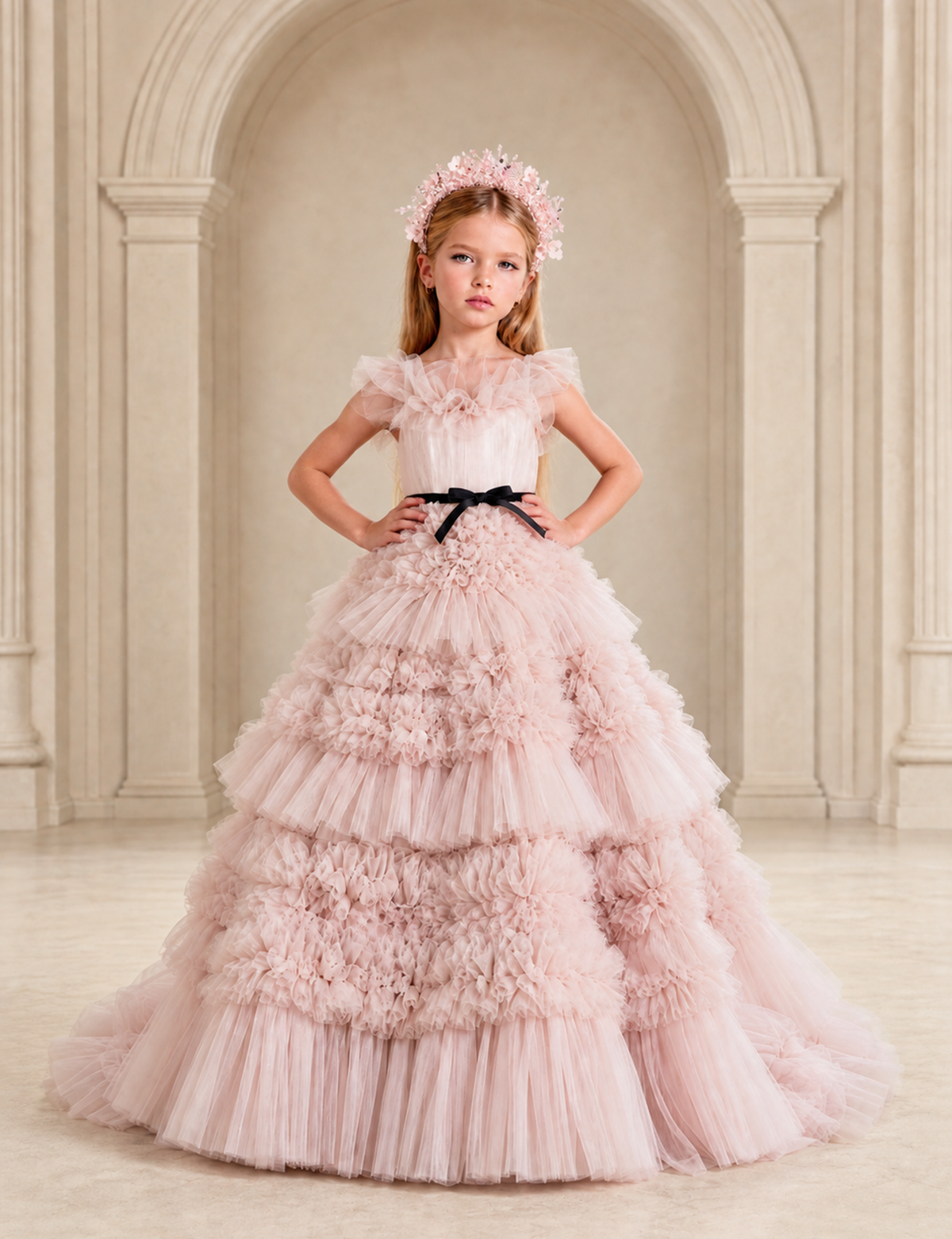 BOLODOO Blush Pink Tiered Tulle Flower Girl Dress with Floral Appliques 