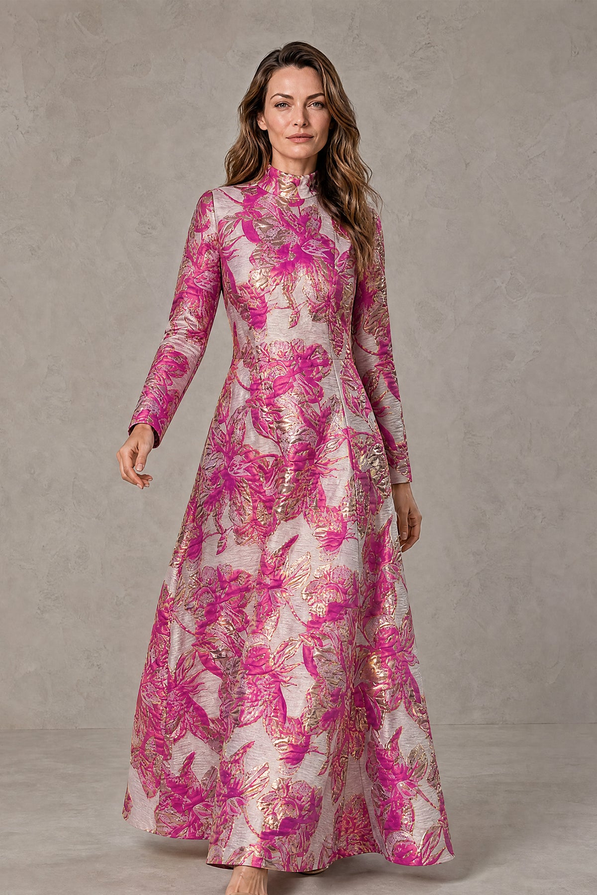 BOLODOO pink floral jacquard floor-length A-line dress, front view