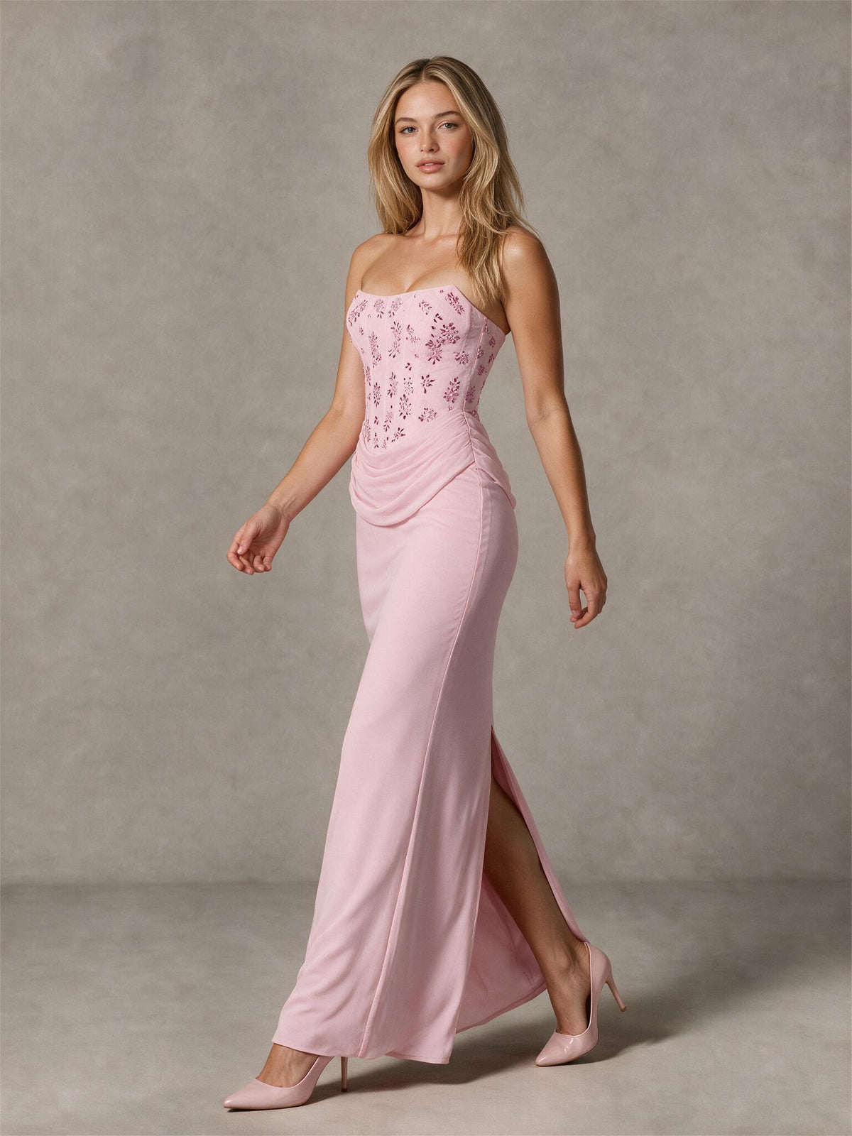 BOLODOO Pink Strapless Floral Corset Prom Dress with Lace-Up Back 