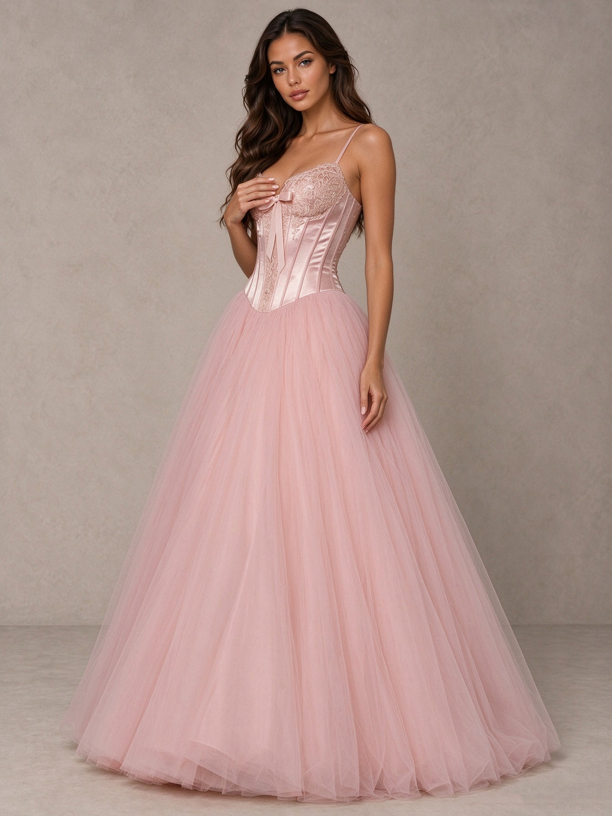 BOLODOO Pink Corset Tulle Prom Dress with Spaghetti Straps 