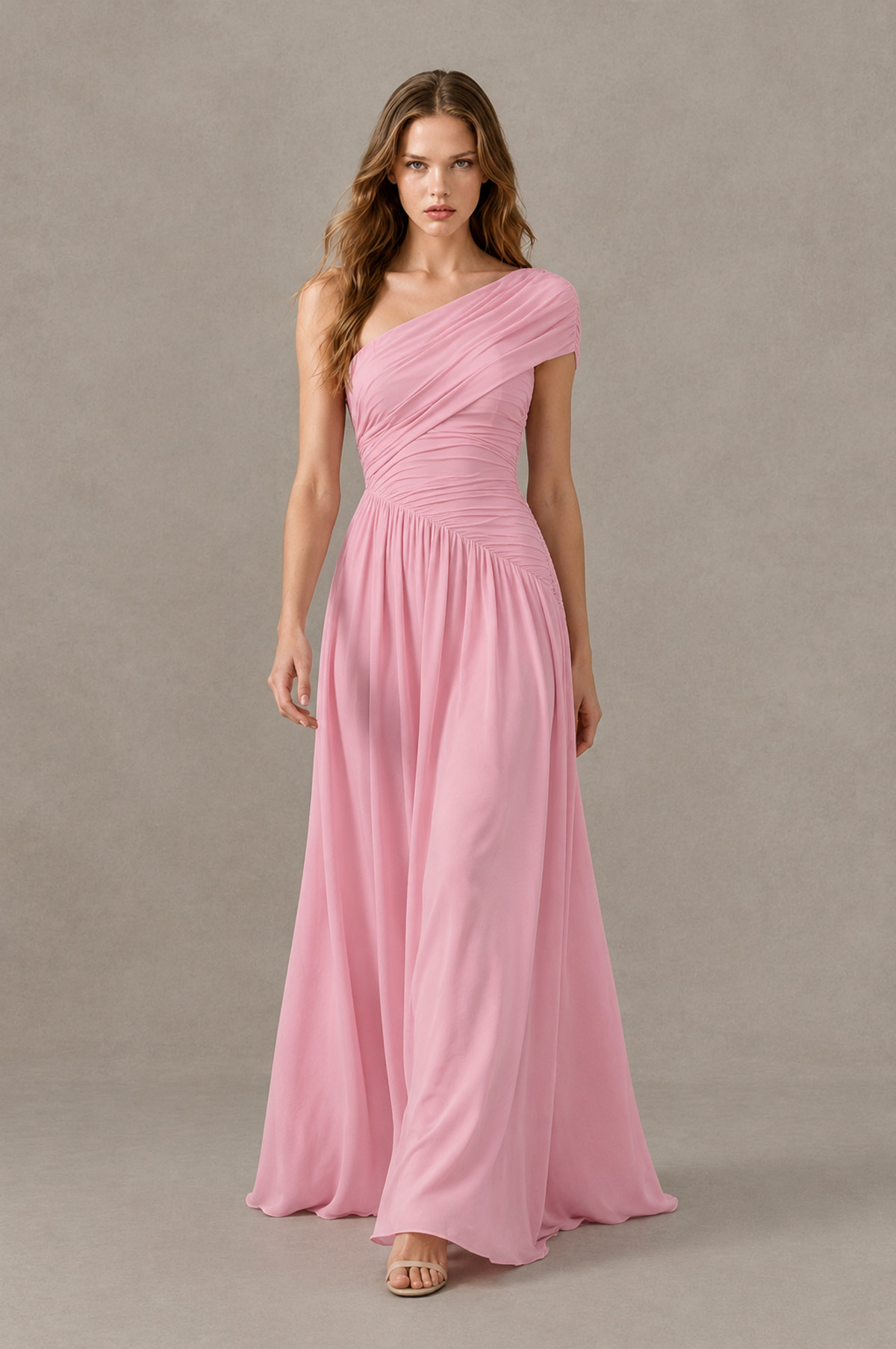 BOLODOO QQ080 pink A-line bridesmaid dress with flowing skirt, walking front view