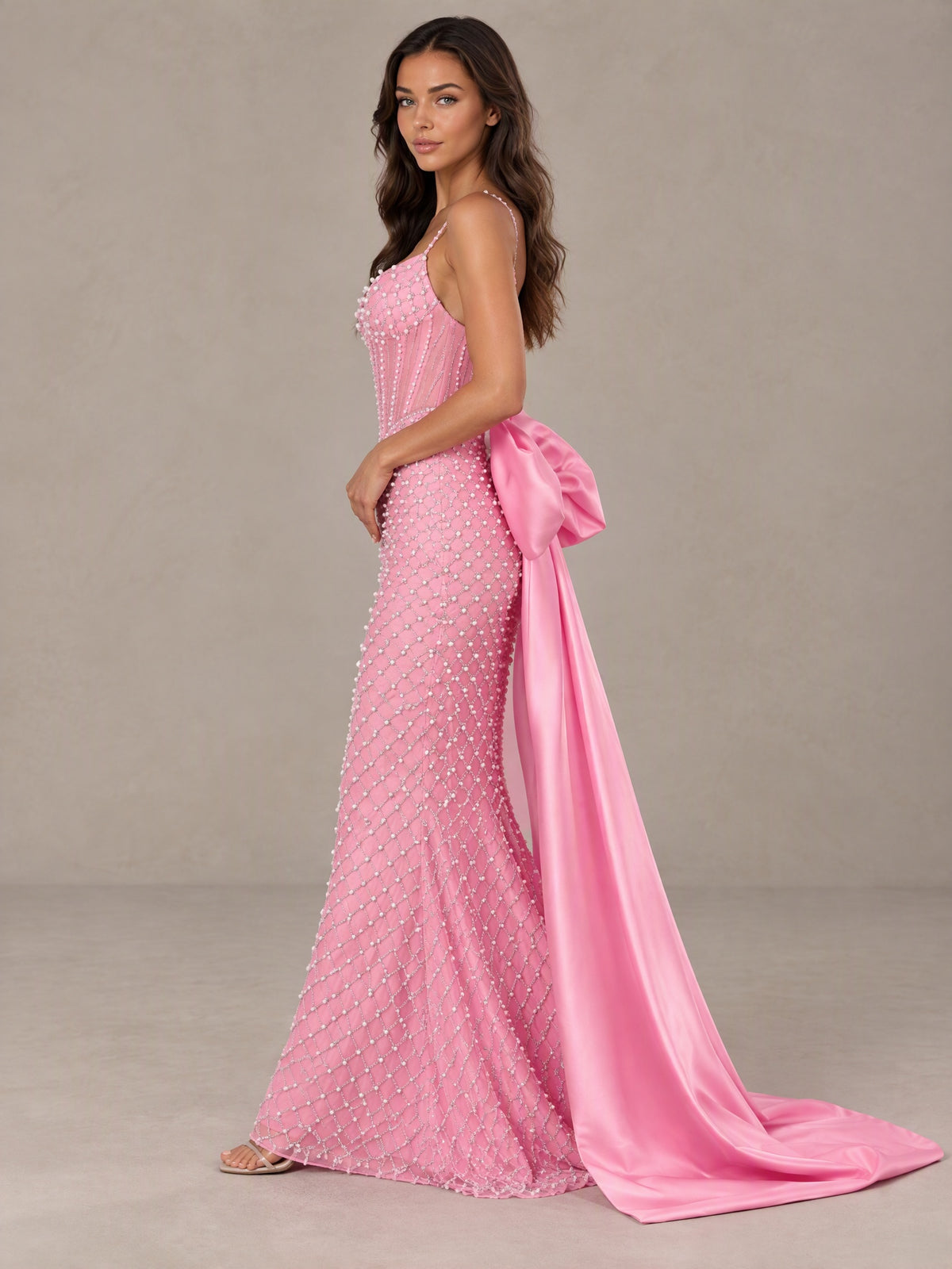 BOLODOO Pink Beaded Corset Prom Dress with Bow Train 
