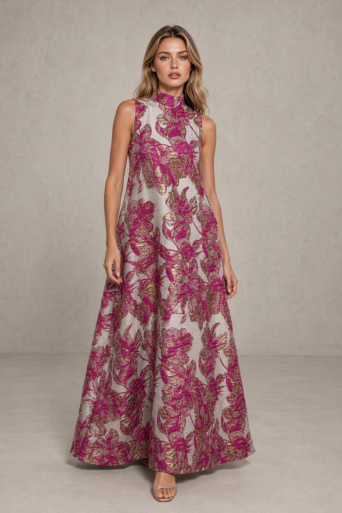BOLODOO pink floral full-length maxi dress front detail